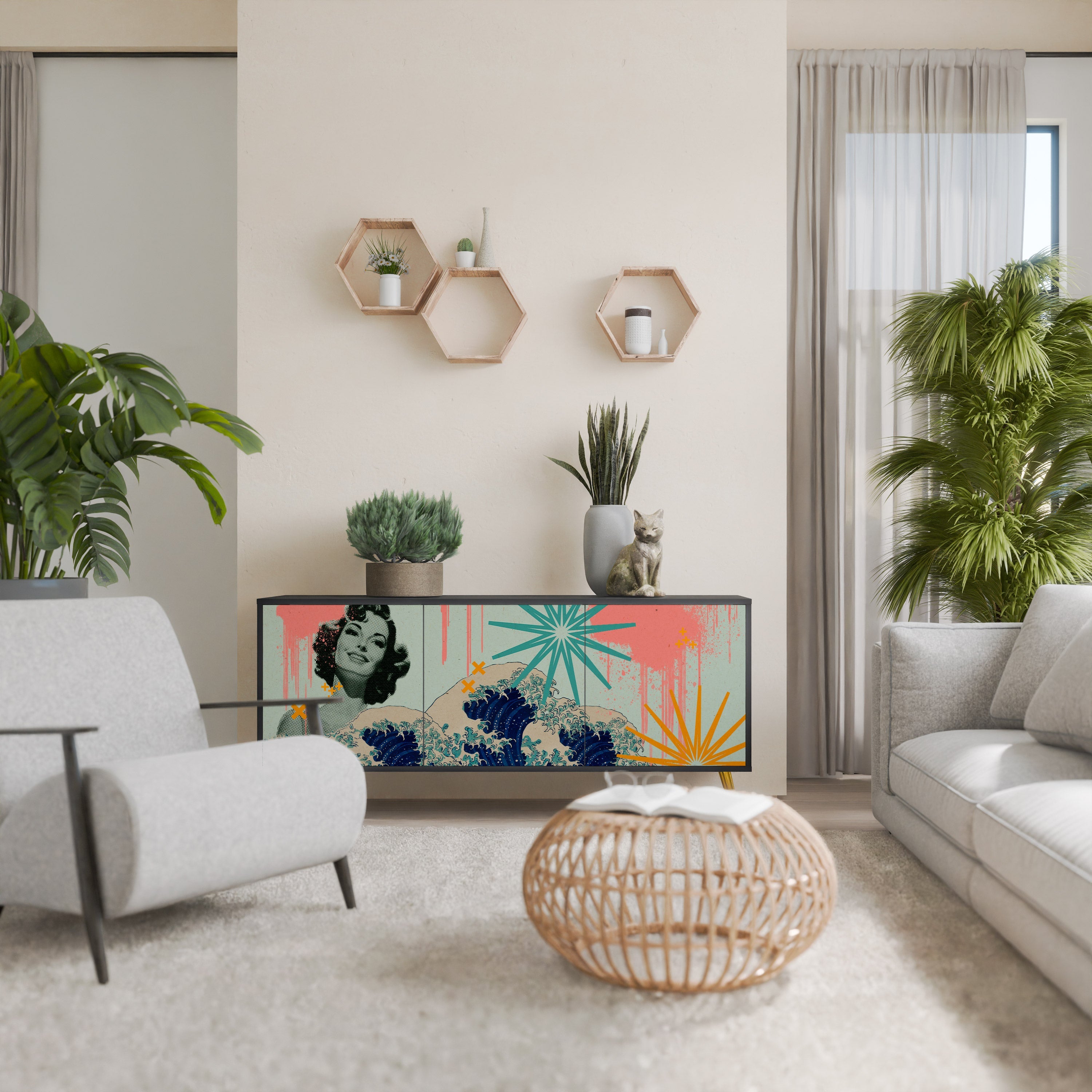 KANAGAWA BEAUTY Sideboard mit 3 Türen in Schwarz