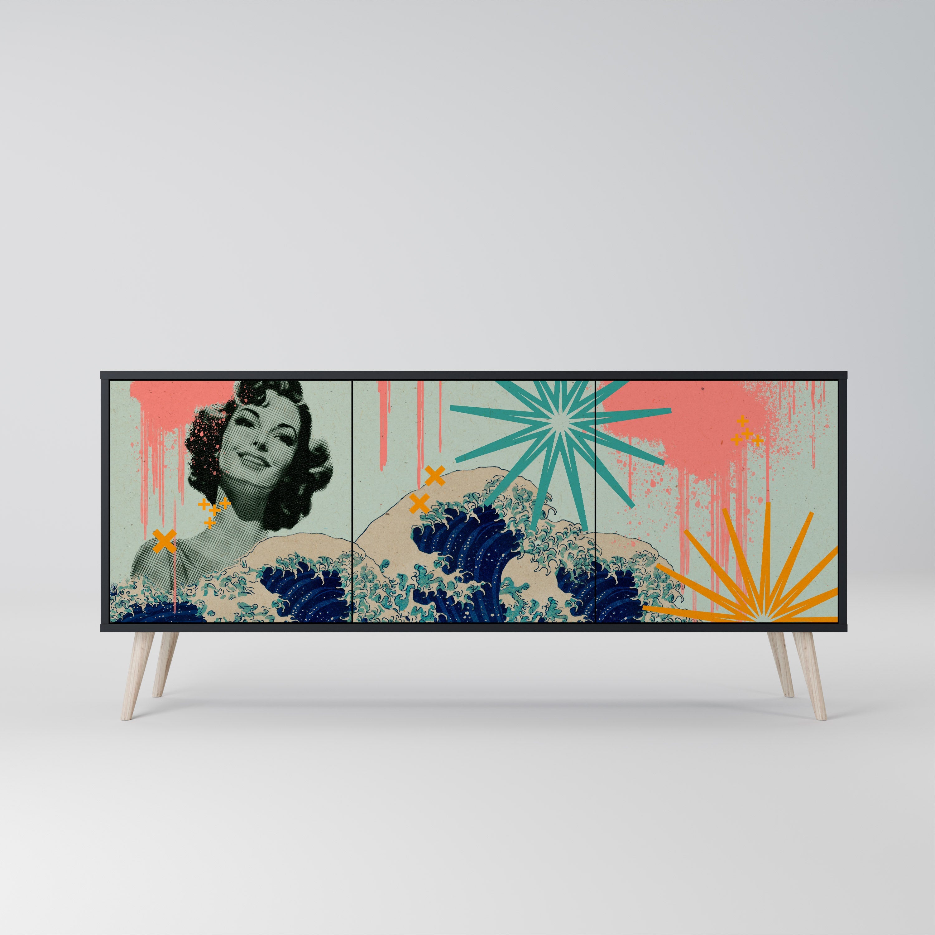 KANAGAWA BEAUTY Sideboard mit 3 Türen in Schwarz