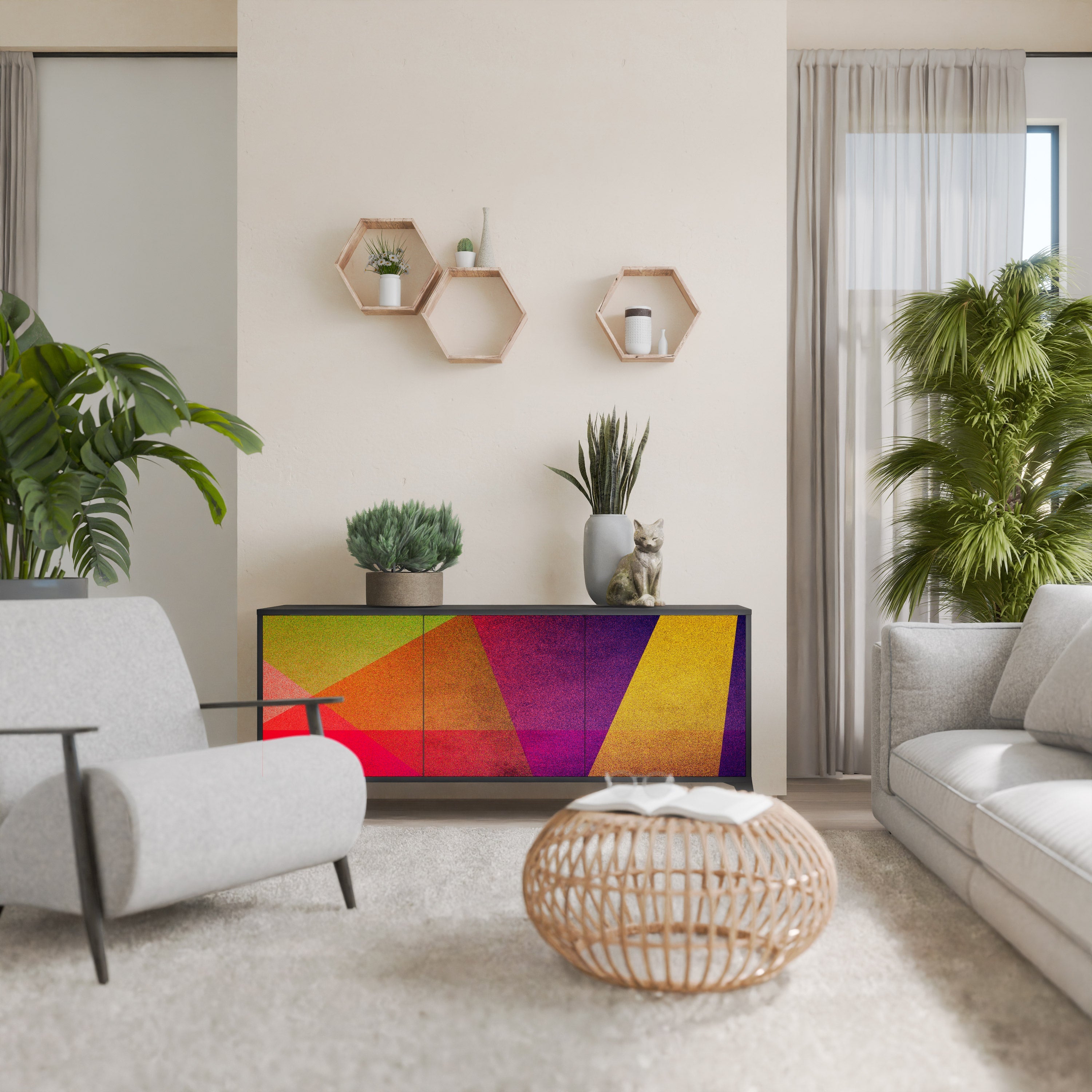 VIVID GEOMETRY 3-Door Sideboard in Black Finish