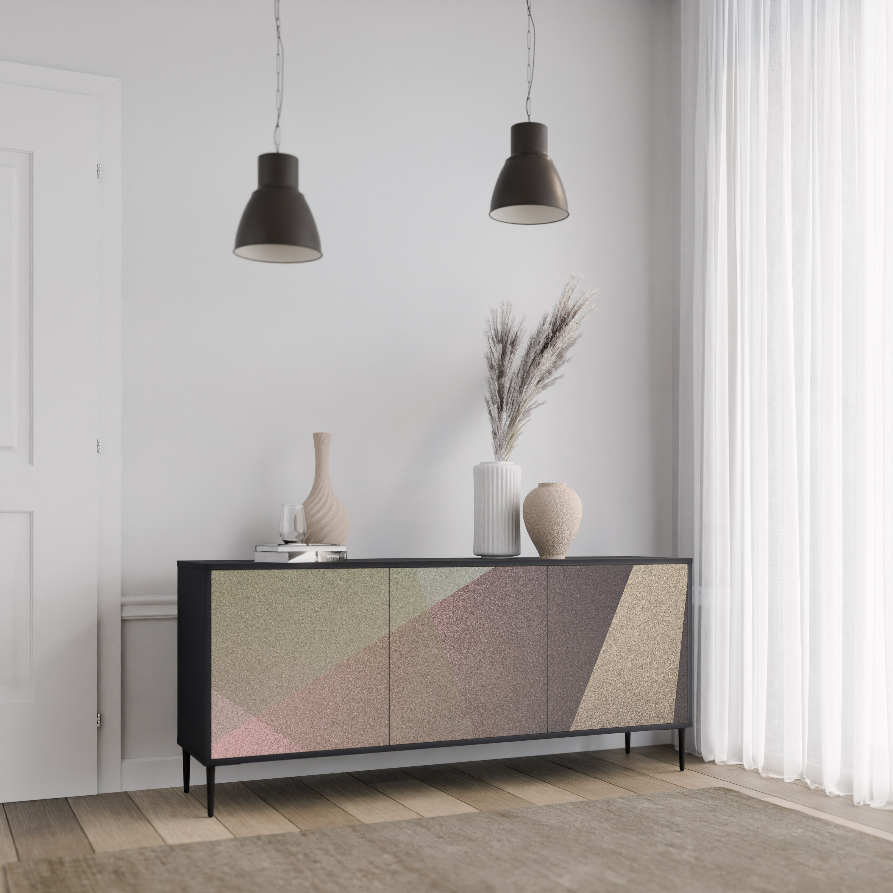 BEIGE GEOMETRY Sideboard mit 3 Türen in Schwarz