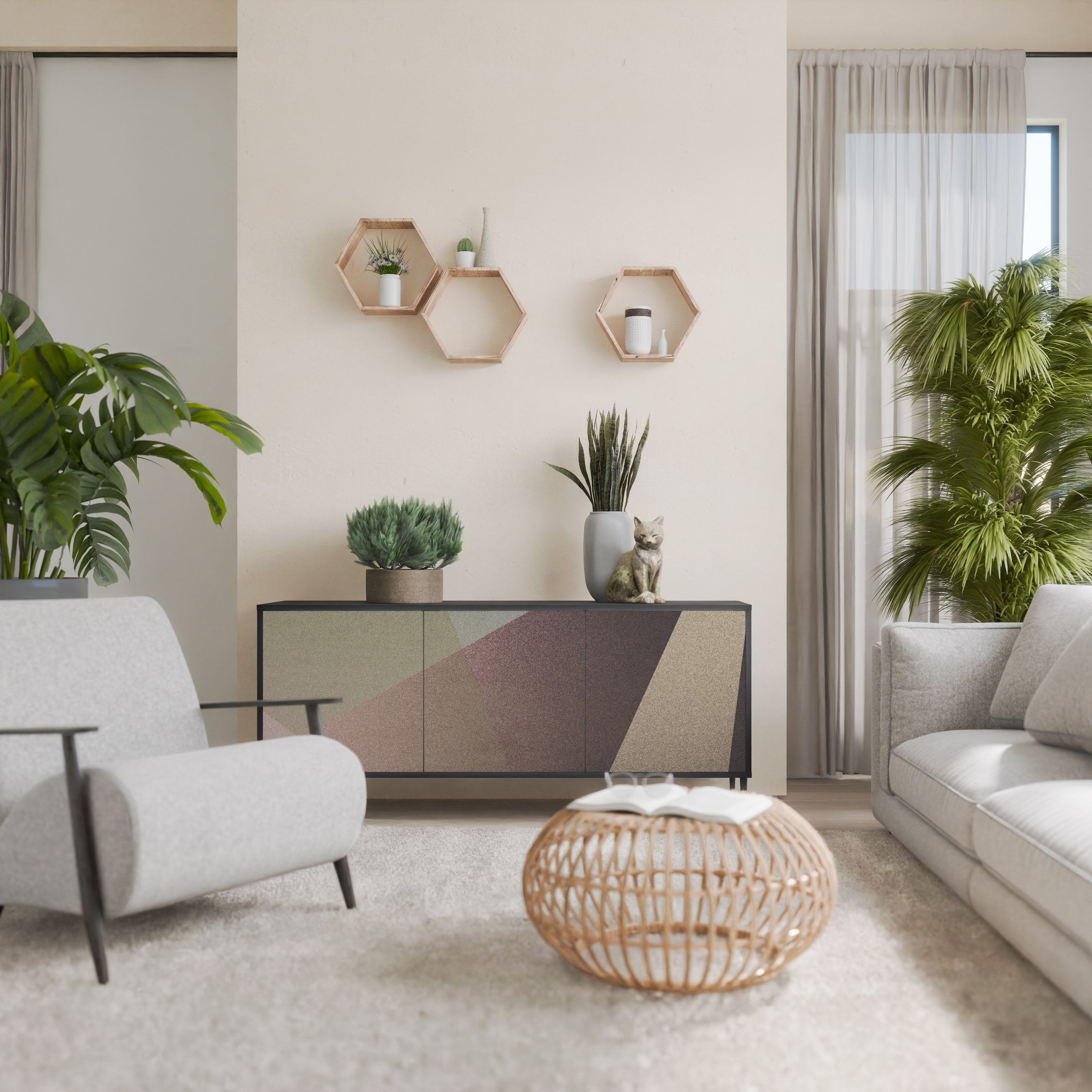 BEIGE GEOMETRY Sideboard mit 3 Türen in Schwarz