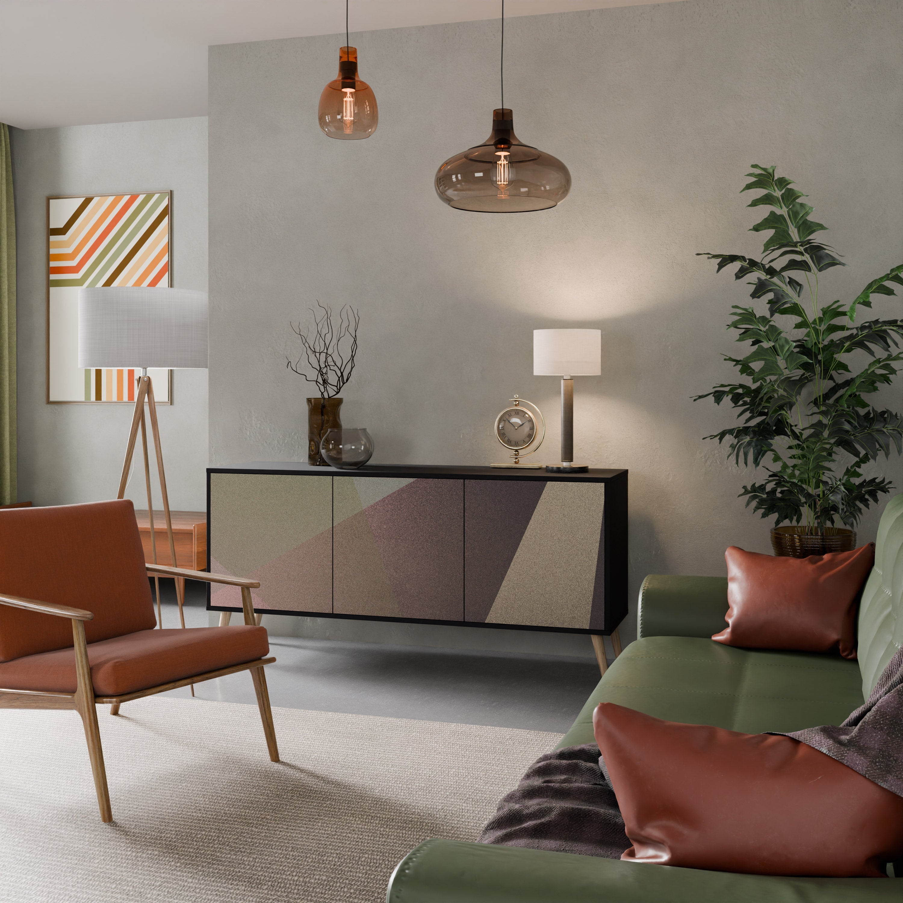 BEIGE GEOMETRY 3-Door Sideboard in Black Finish