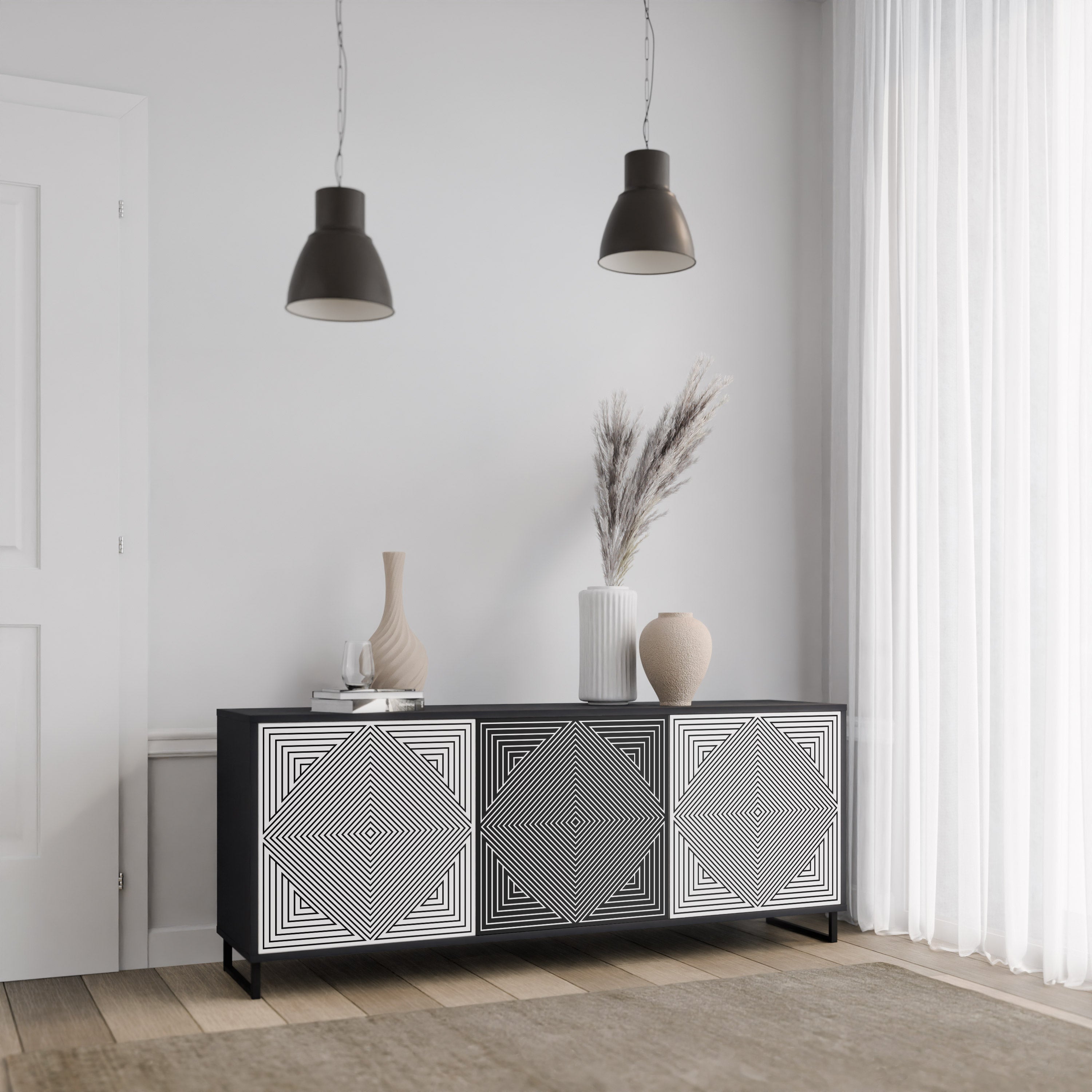 POLYGON ILLUSION 3-türiges Sideboard in Schwarz