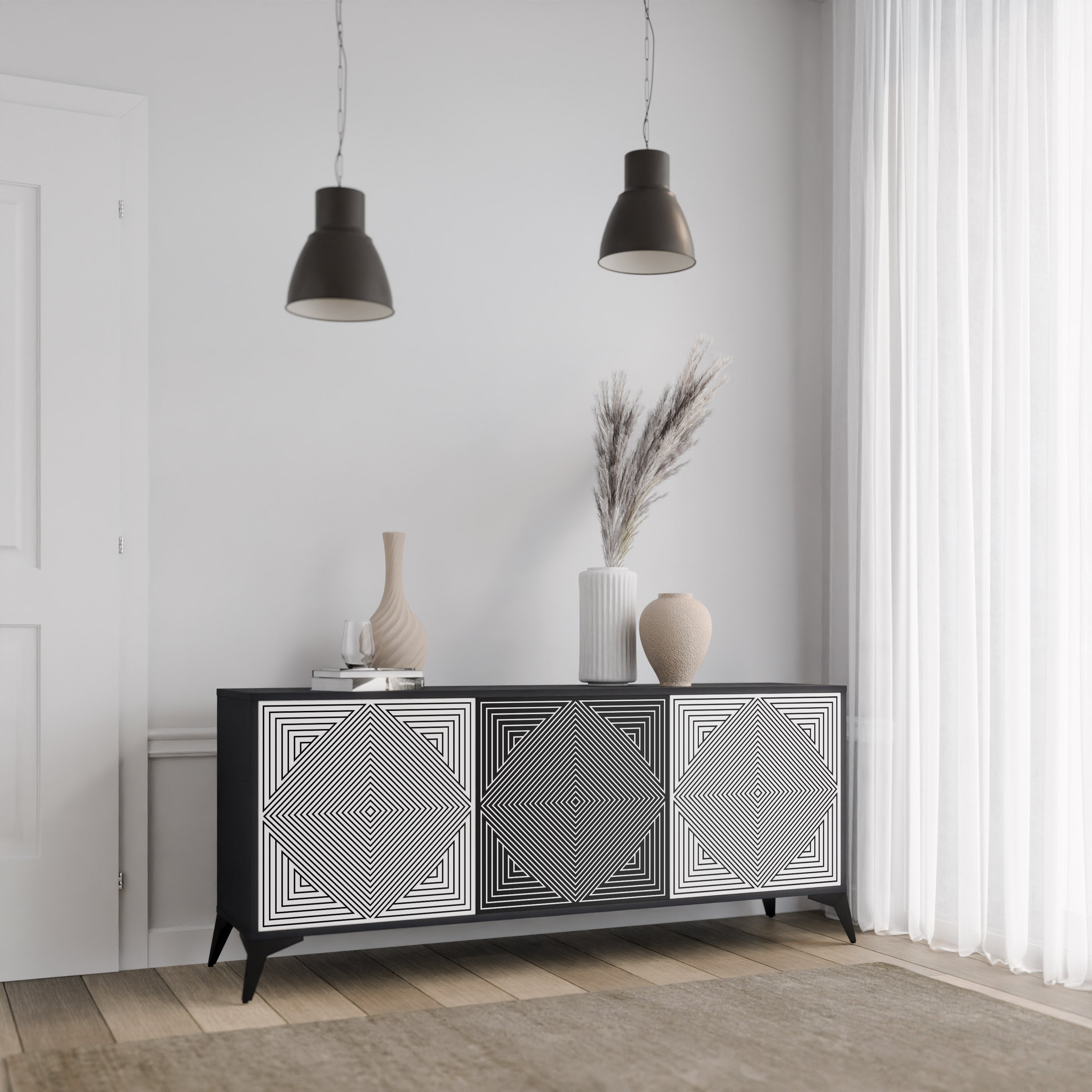 POLYGON ILLUSION 3-türiges Sideboard in Schwarz
