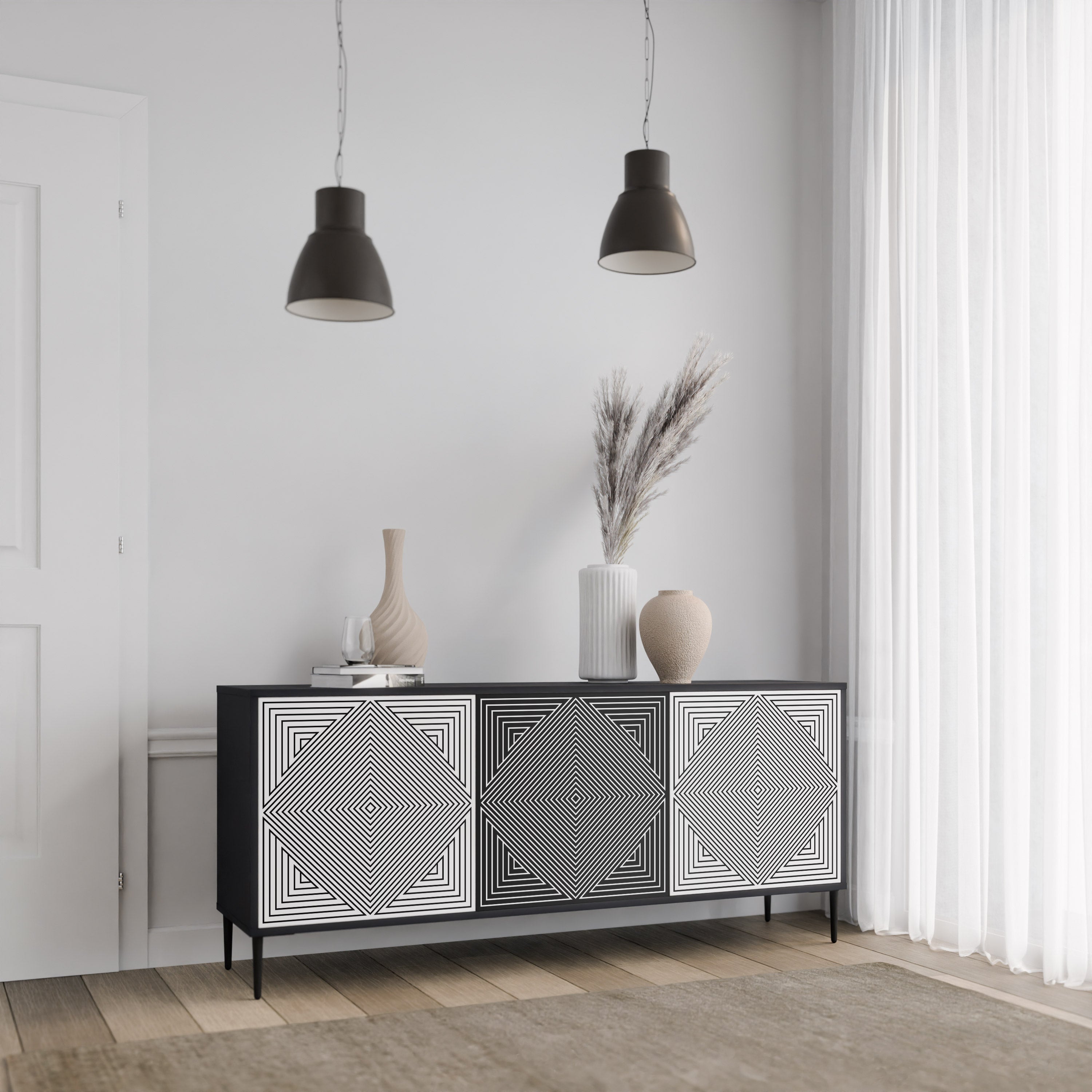 POLYGON ILLUSION 3-türiges Sideboard in Schwarz
