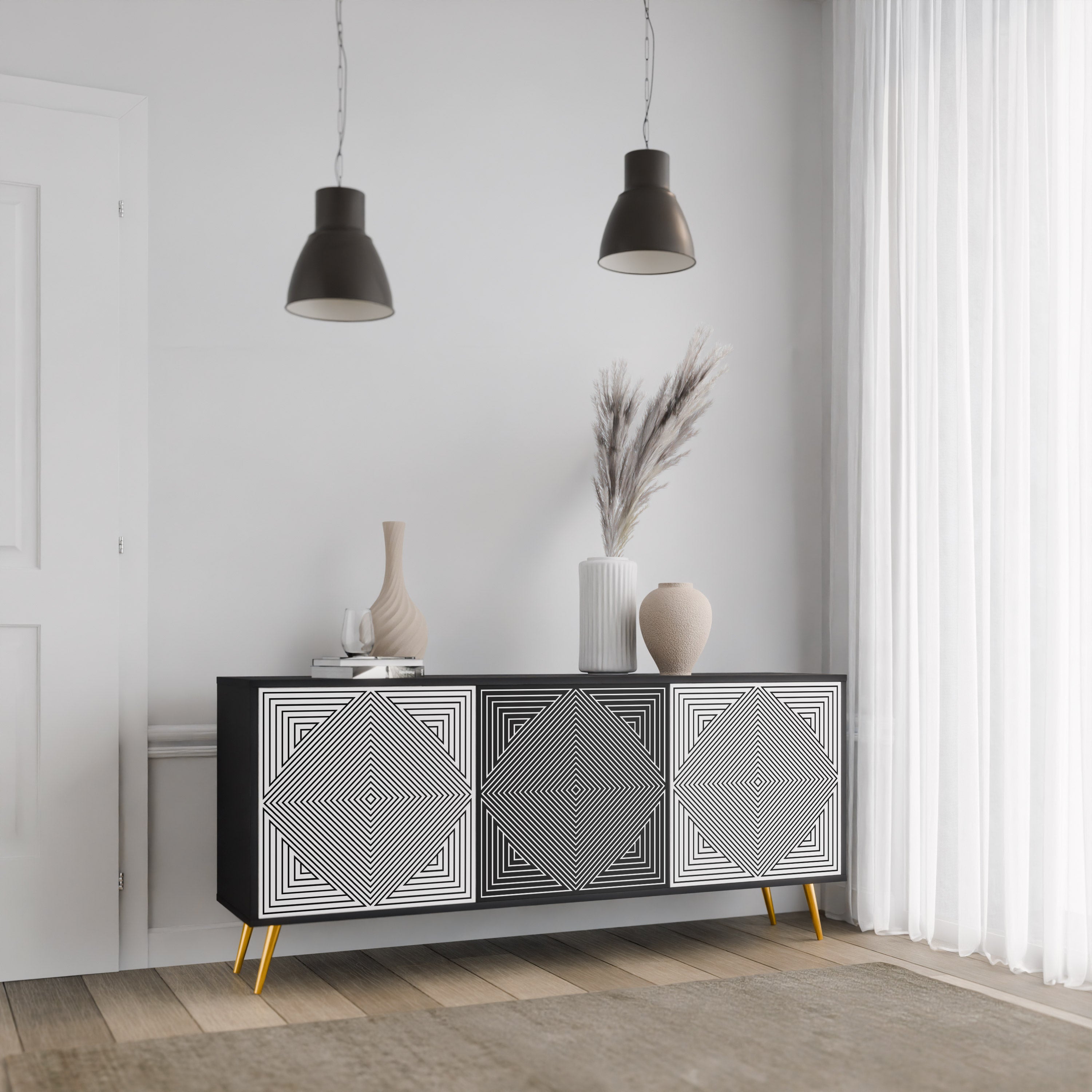 POLYGON ILLUSION 3-türiges Sideboard in Schwarz
