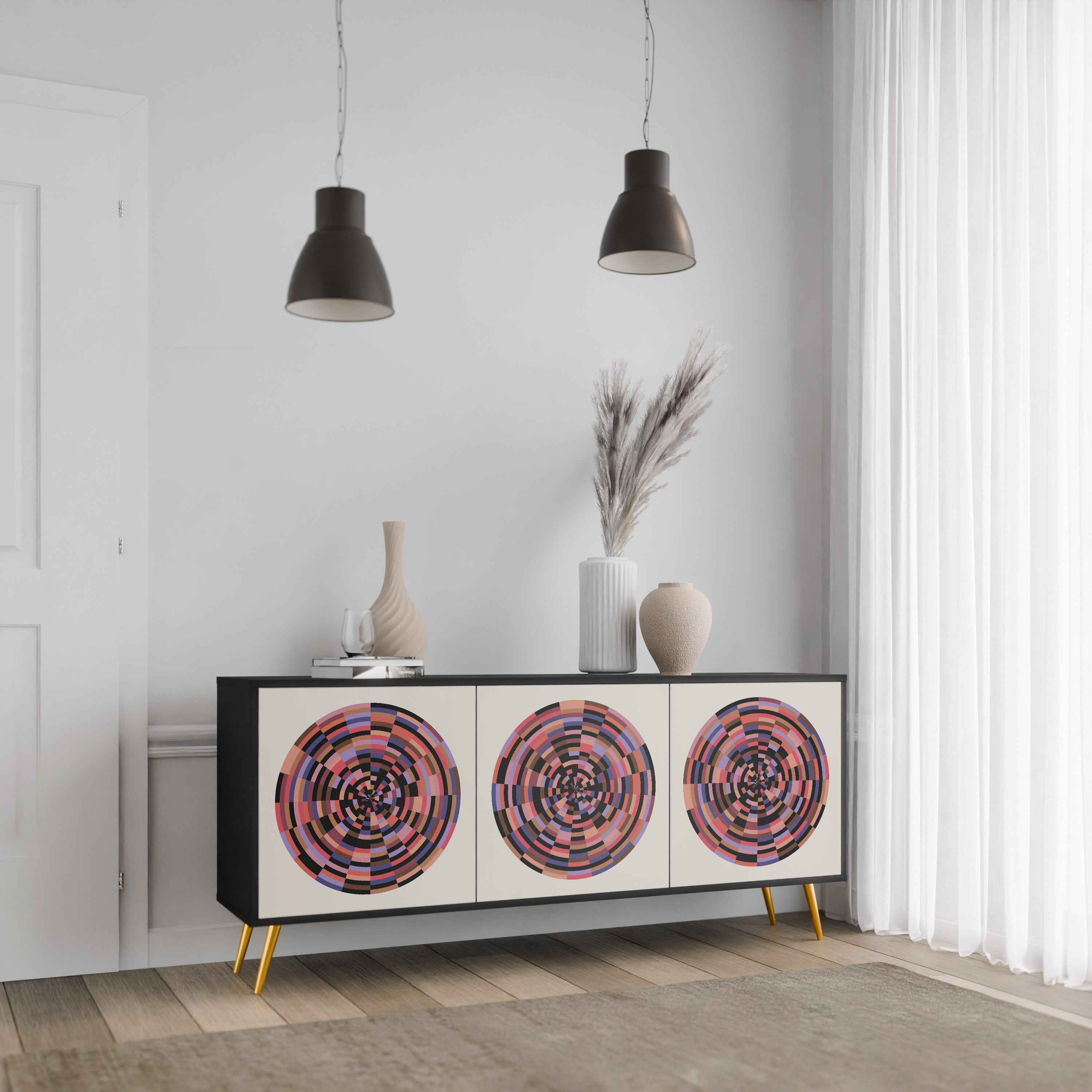 BROWN CIRCLES 3-türiges Sideboard in schwarzem Finish