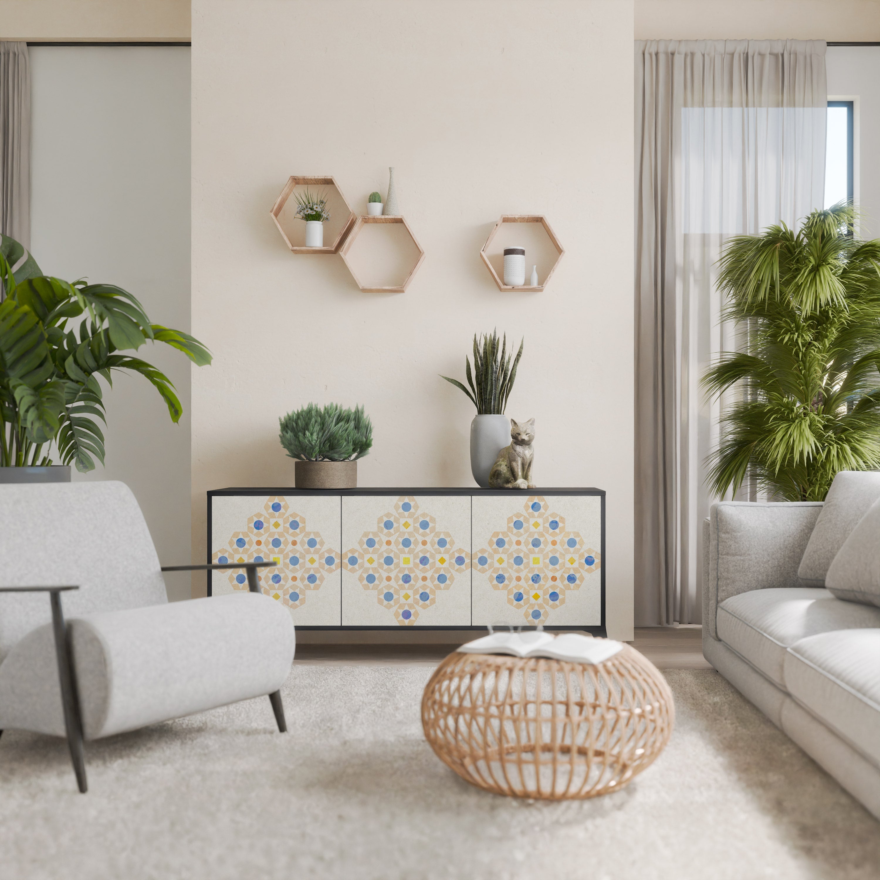 Gemustertes Prisma-Sideboard mit 3 Türen in schwarzem Finish