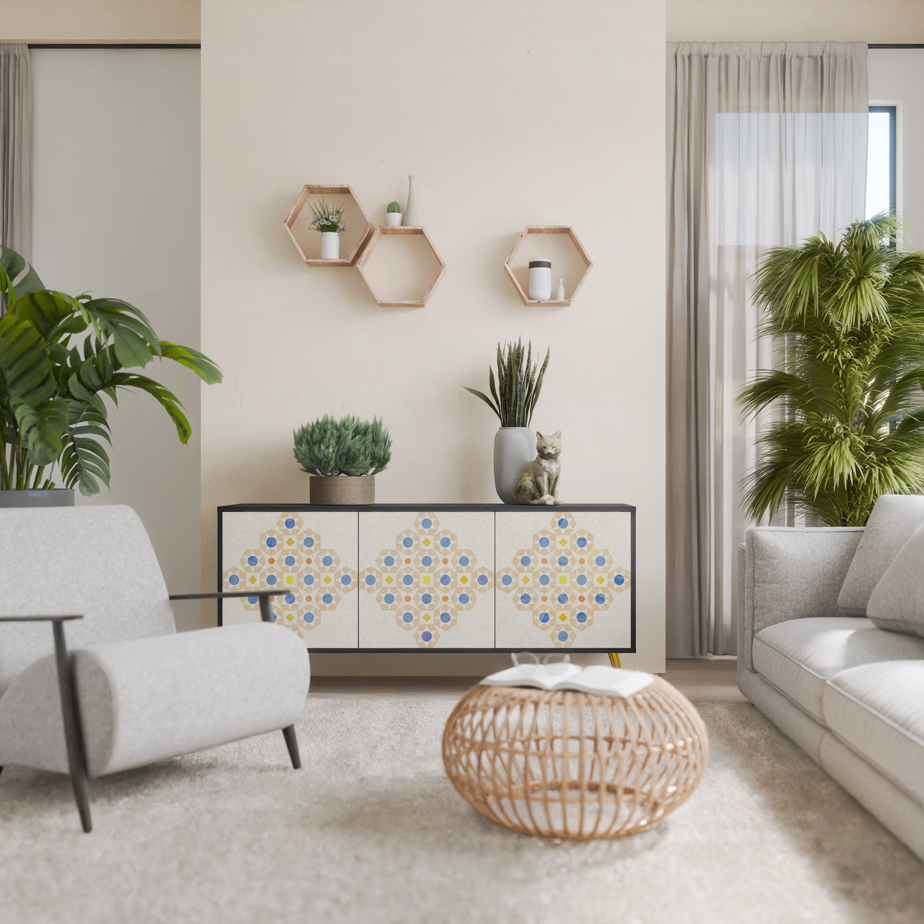Gemustertes Prisma-Sideboard mit 3 Türen in schwarzem Finish