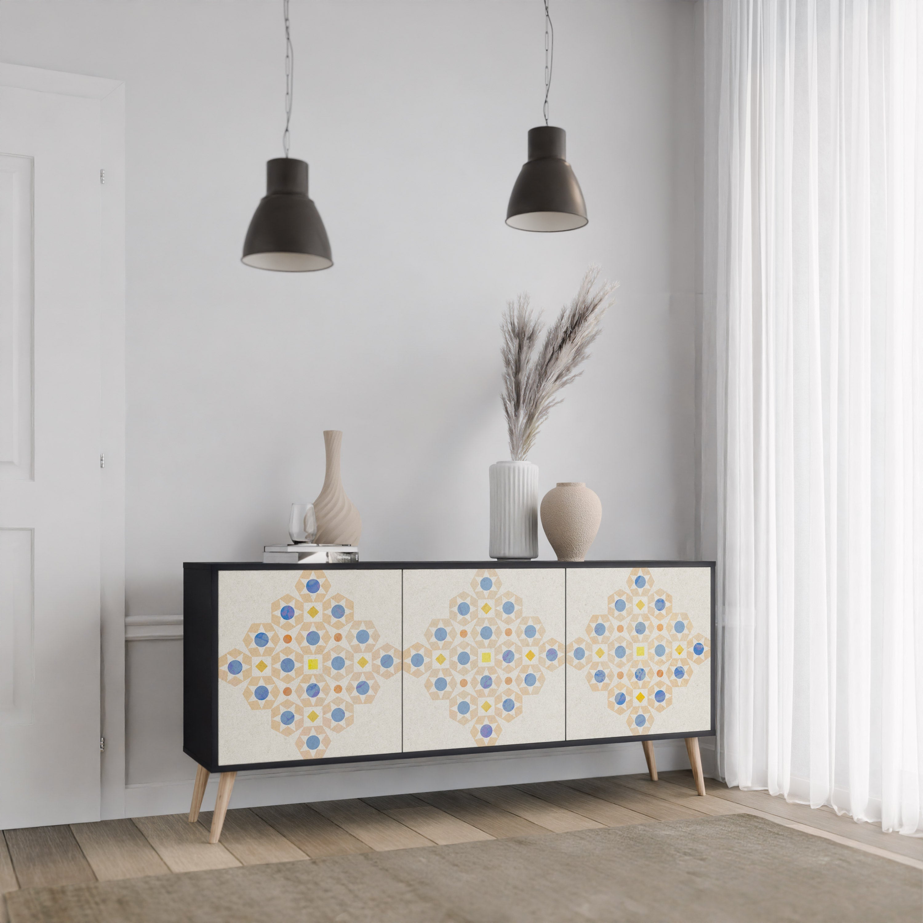 Gemustertes Prisma-Sideboard mit 3 Türen in schwarzem Finish