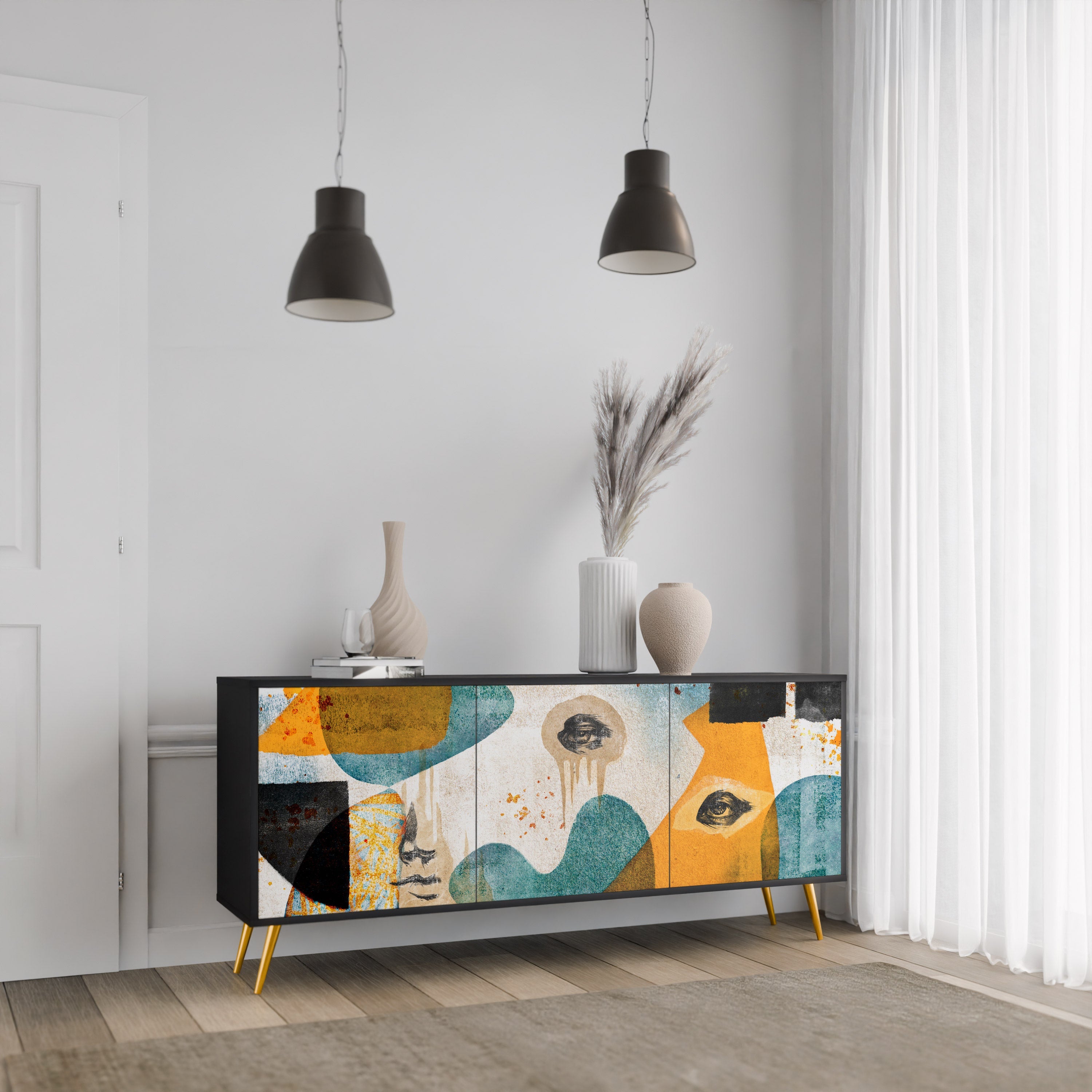 ABSTRACT FACES 3-türiges Sideboard in Schwarz