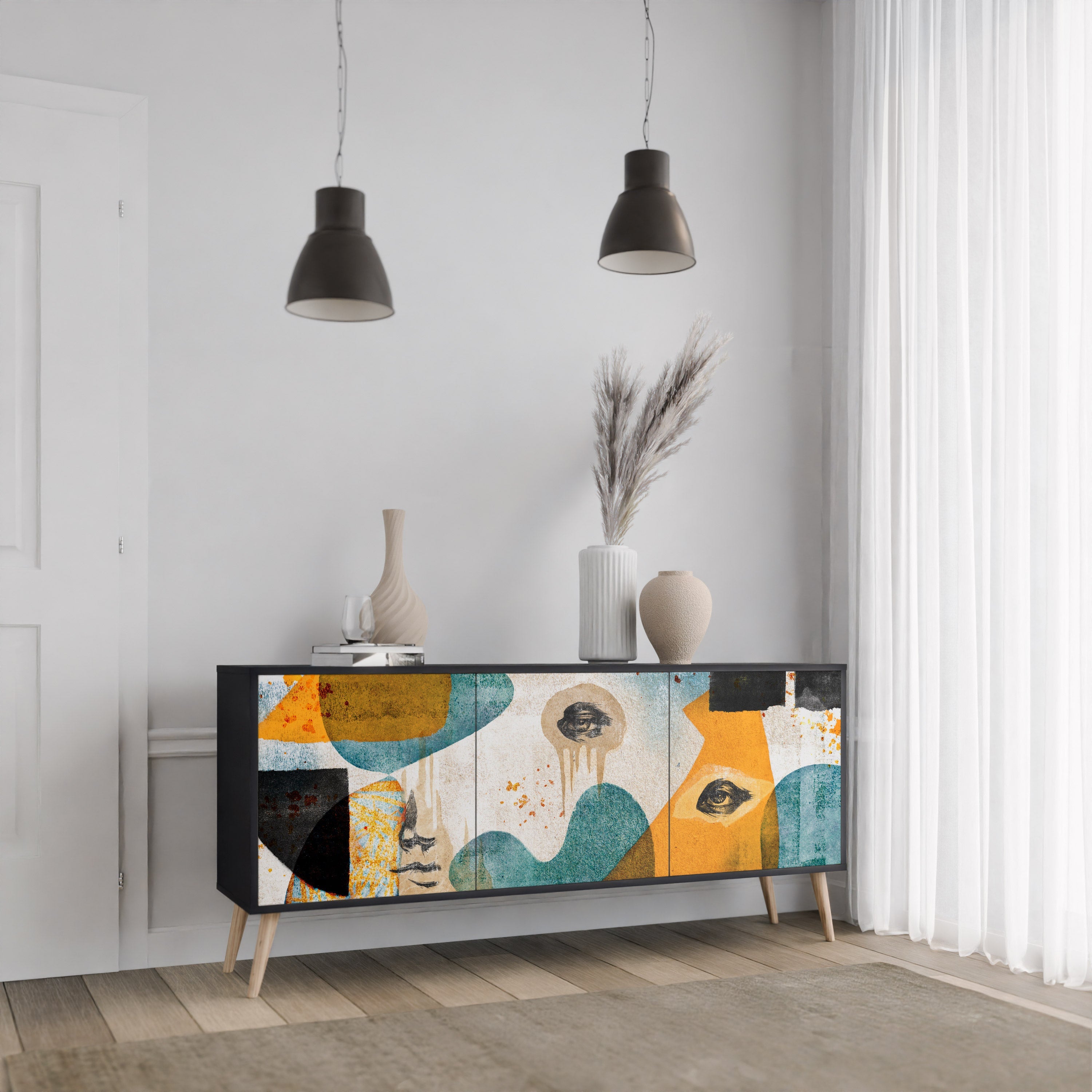 ABSTRACT FACES 3-türiges Sideboard in Schwarz