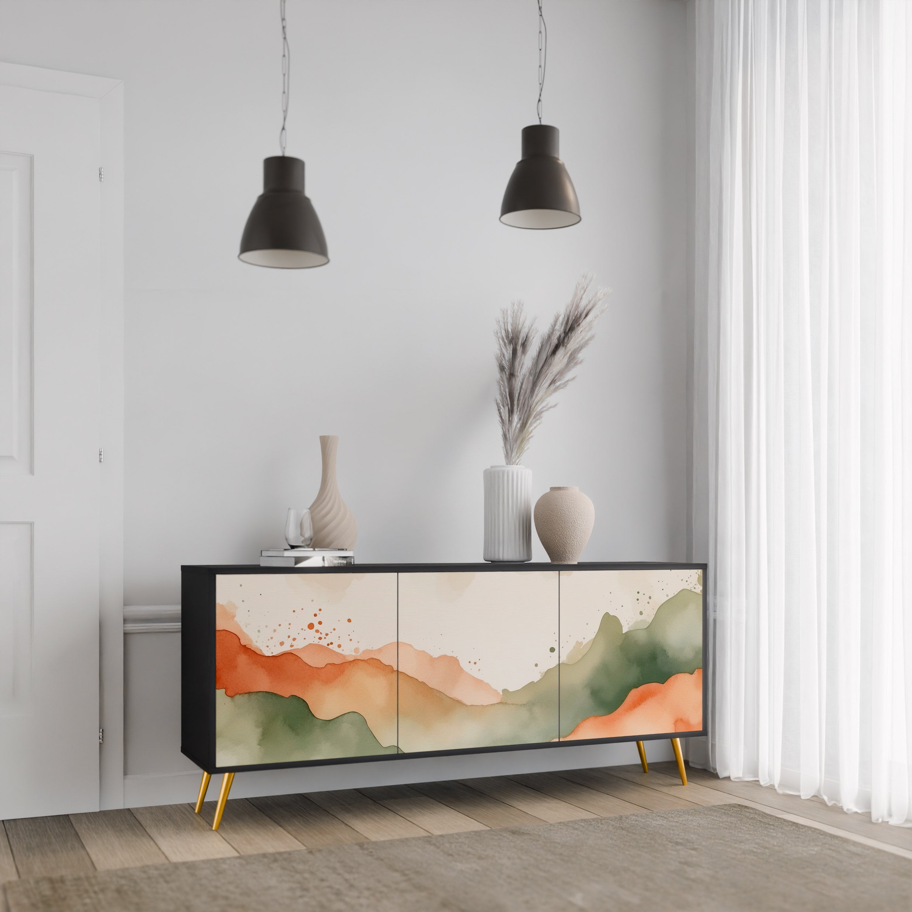 WATERCOLOUR PEAKS Sideboard mit 3 Türen in Schwarz