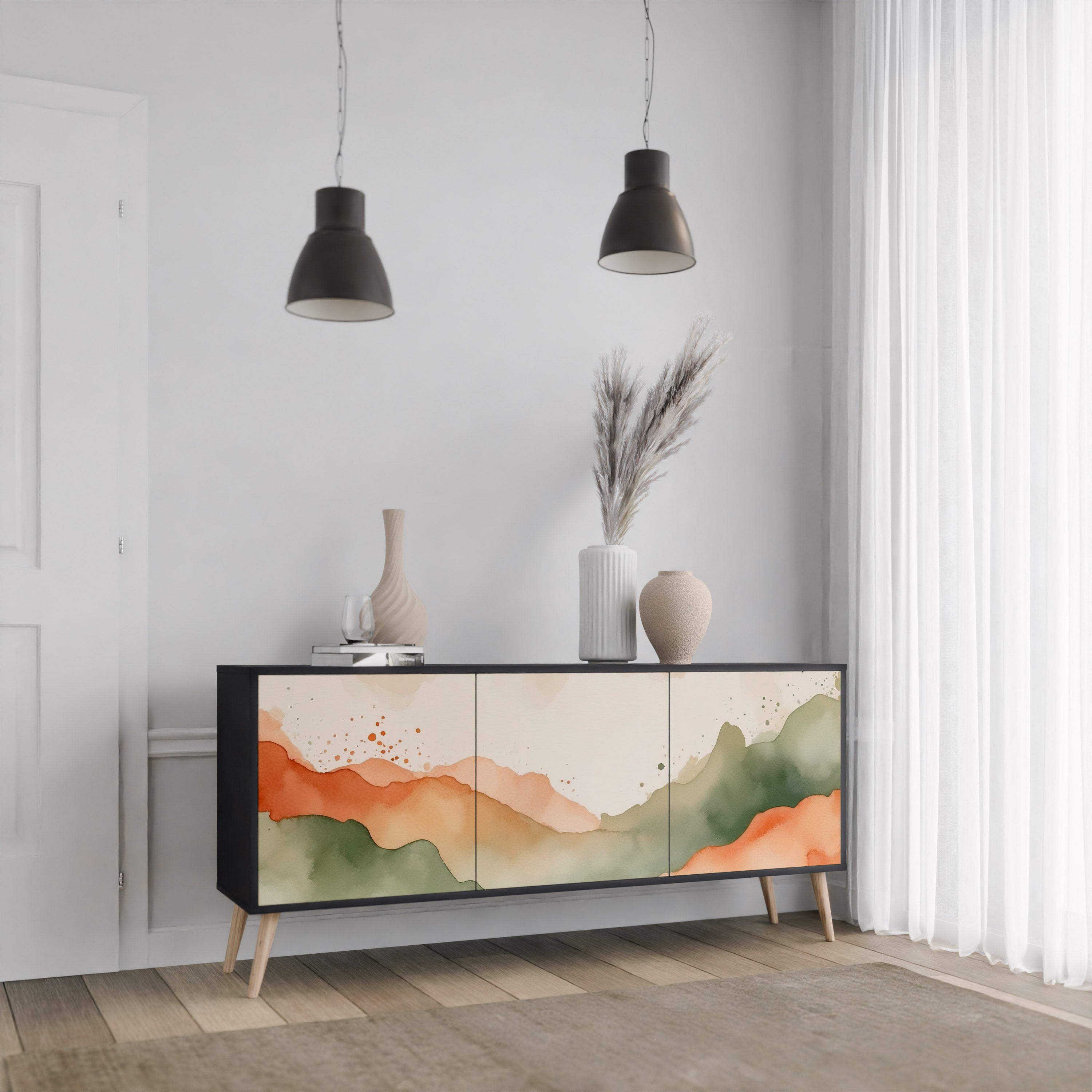 WATERCOLOUR PEAKS Sideboard mit 3 Türen in Schwarz