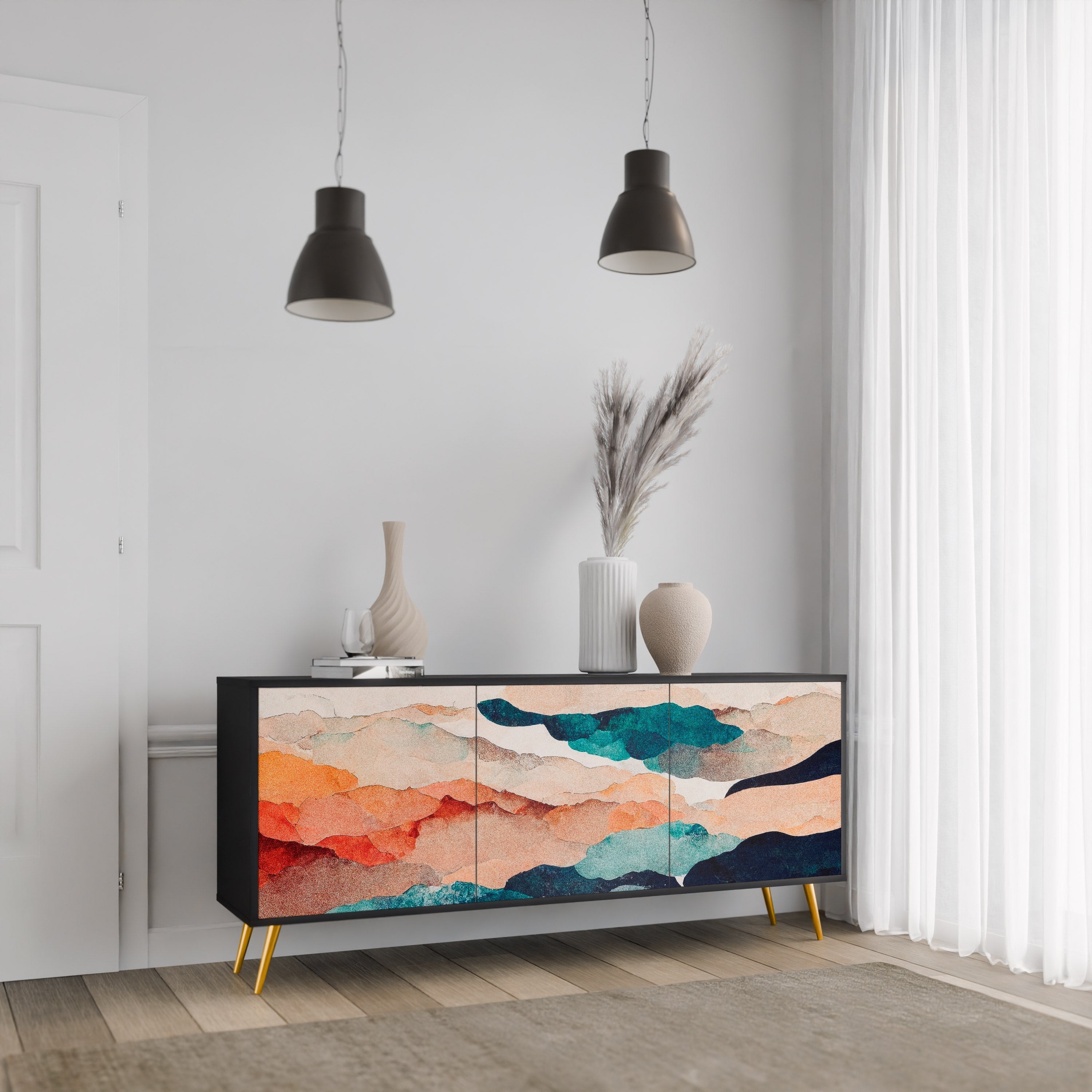 ABSTRACT LANDSCAPE 3-türiges Sideboard in Schwarz