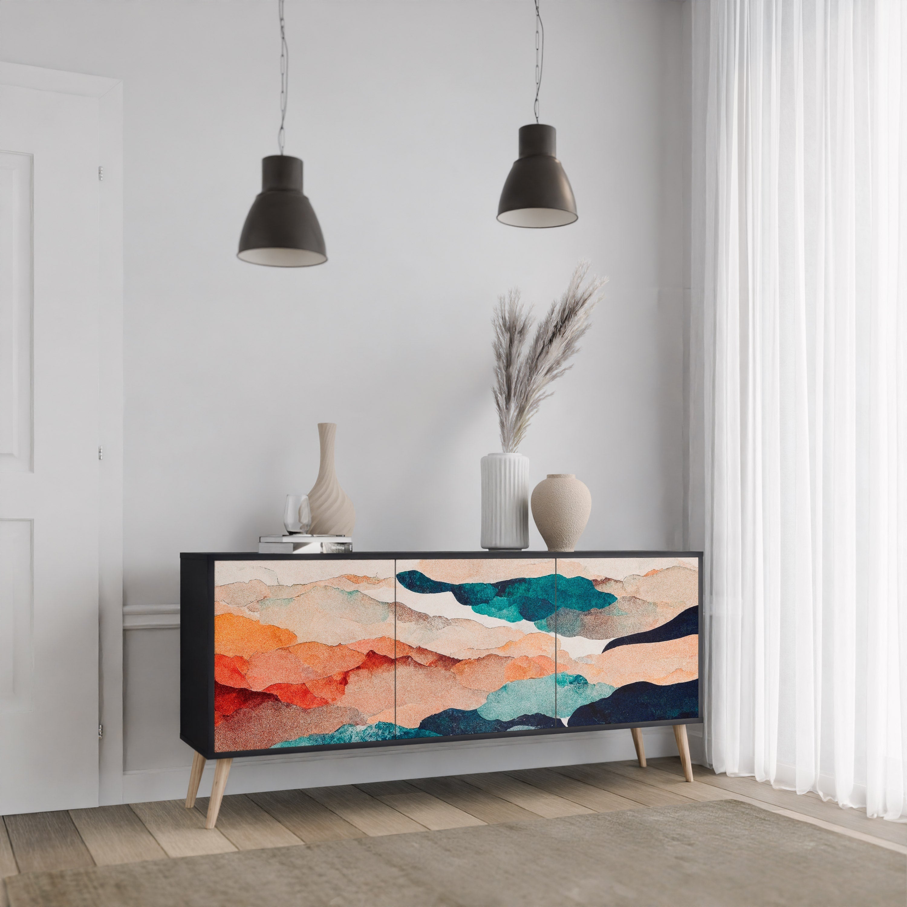 ABSTRACT LANDSCAPE 3-türiges Sideboard in Schwarz