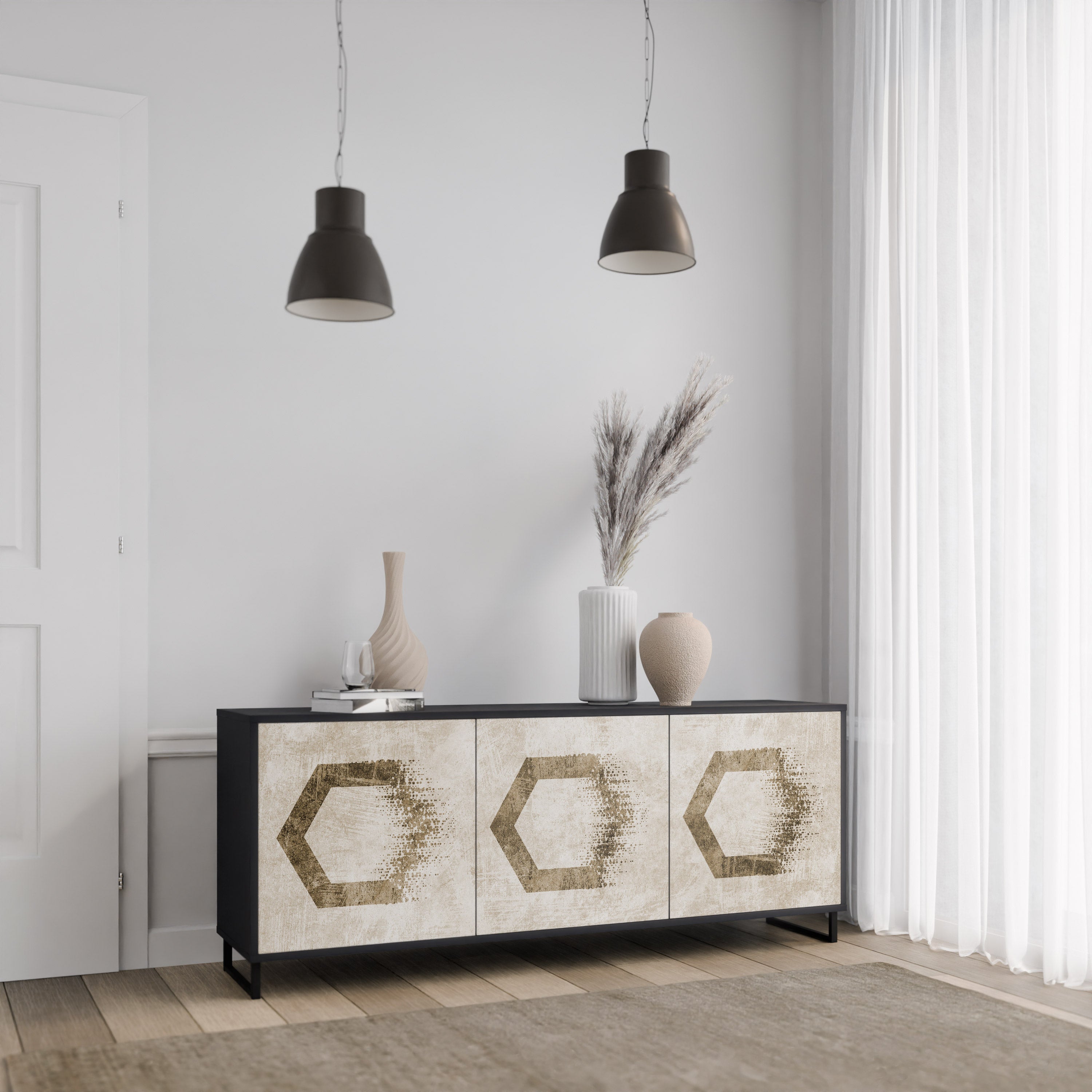 HEXAGONAL SHAPES 3-türiges Sideboard in schwarzem Finish