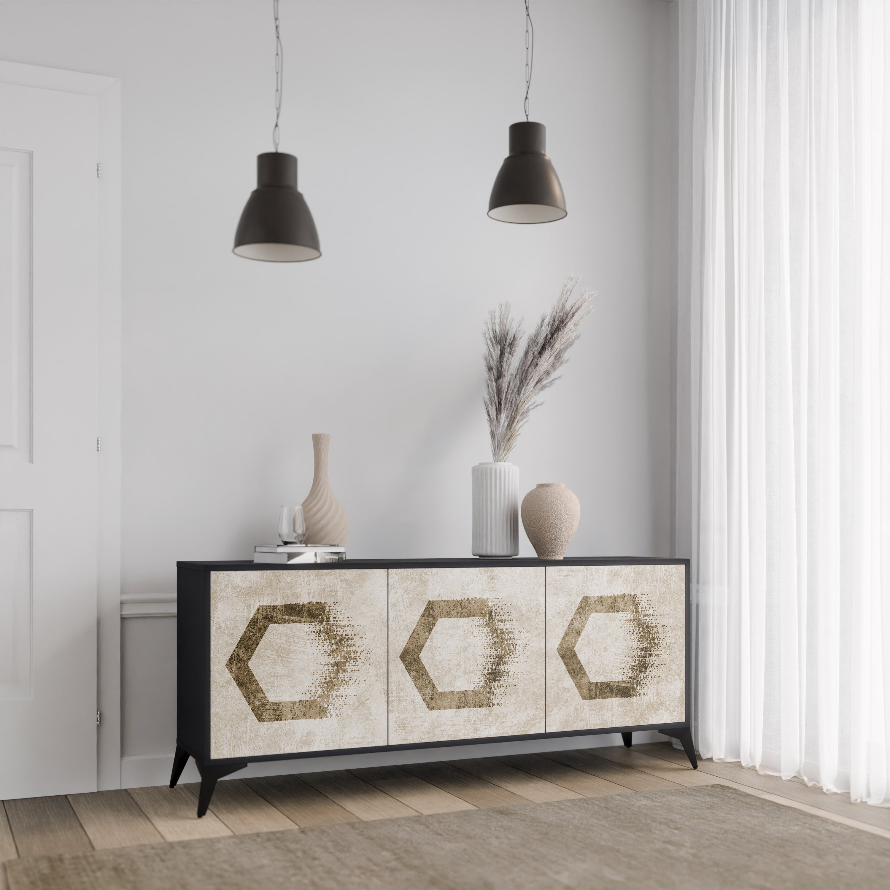HEXAGONAL SHAPES 3-türiges Sideboard in schwarzem Finish