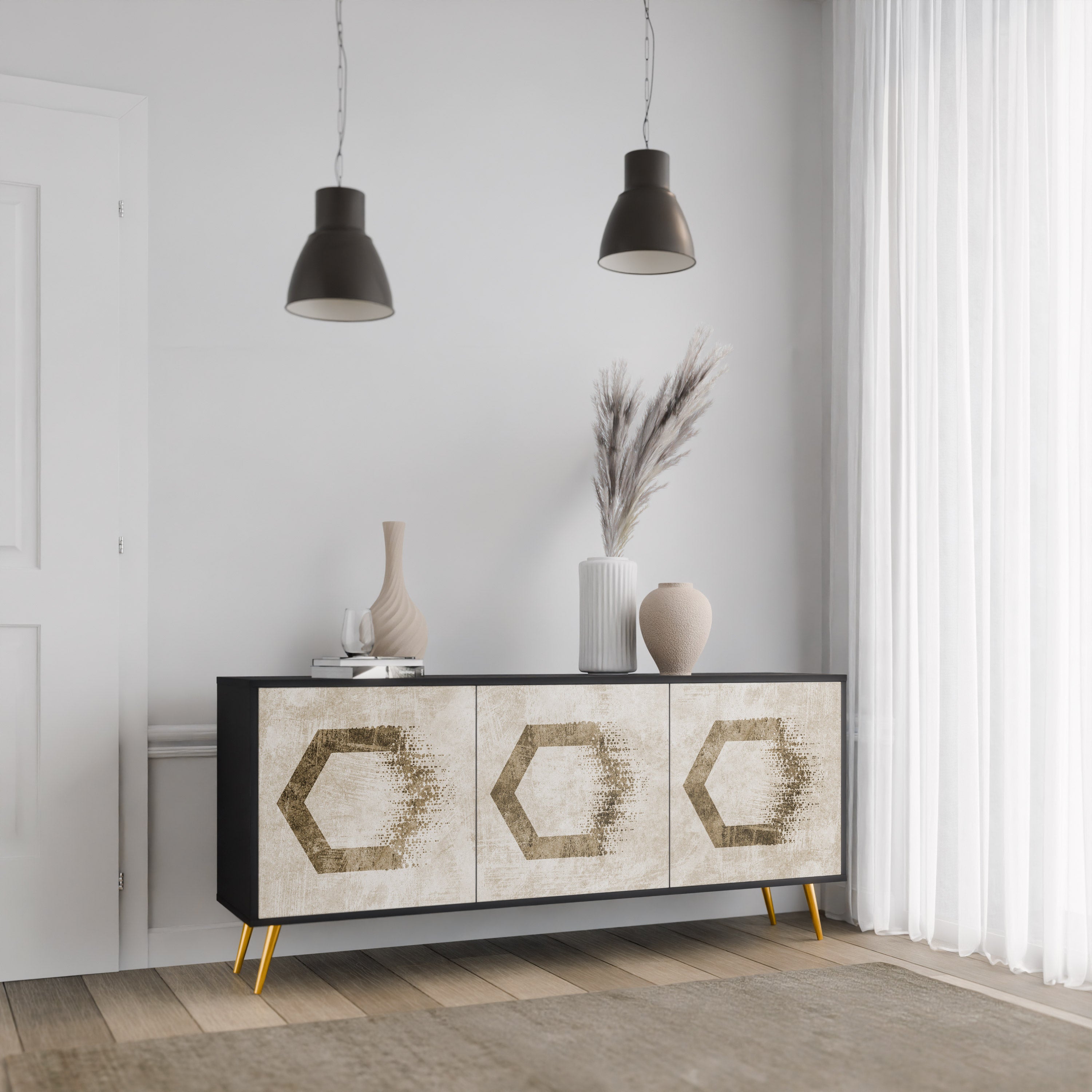 HEXAGONAL SHAPES 3-türiges Sideboard in schwarzem Finish