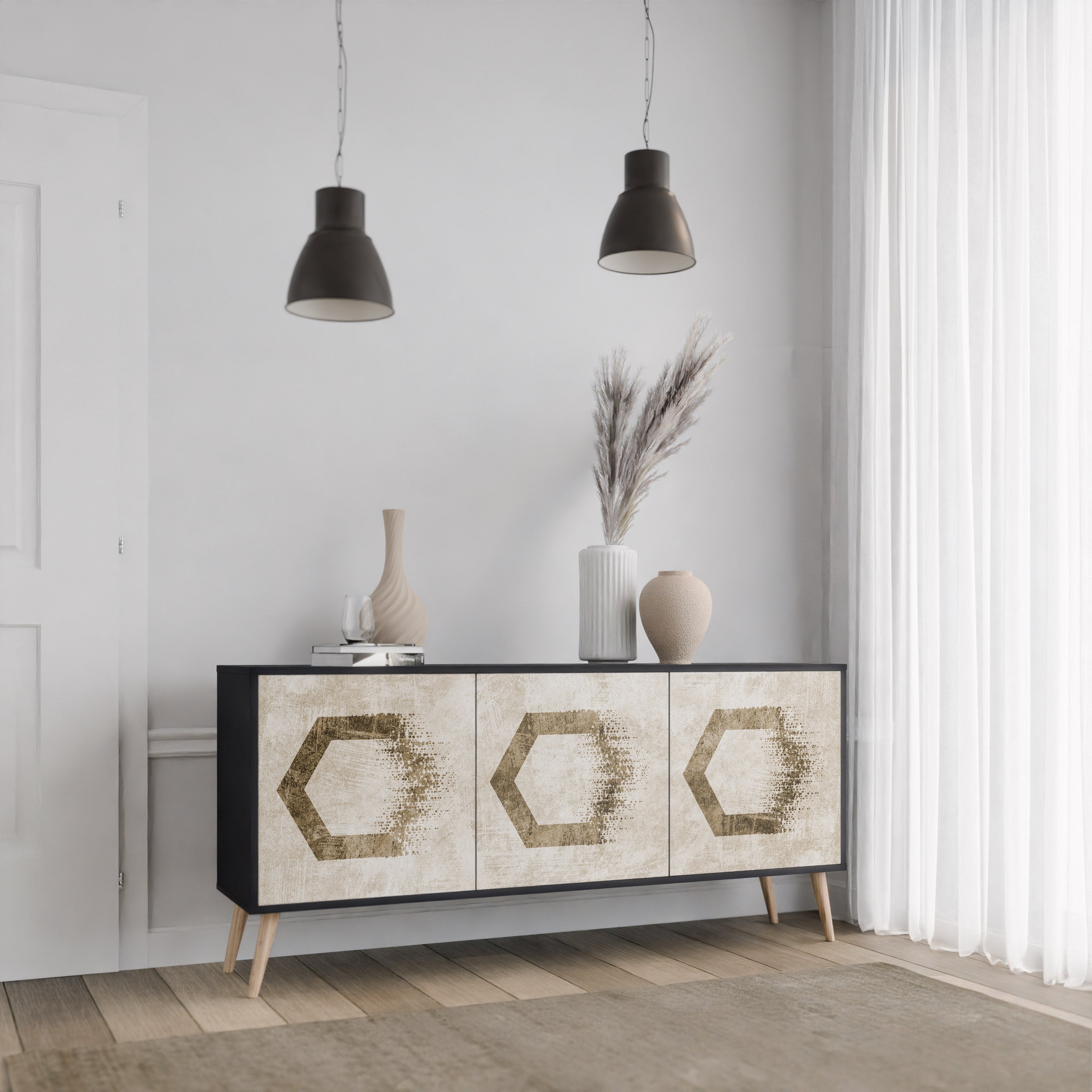 HEXAGONAL SHAPES 3-türiges Sideboard in schwarzem Finish