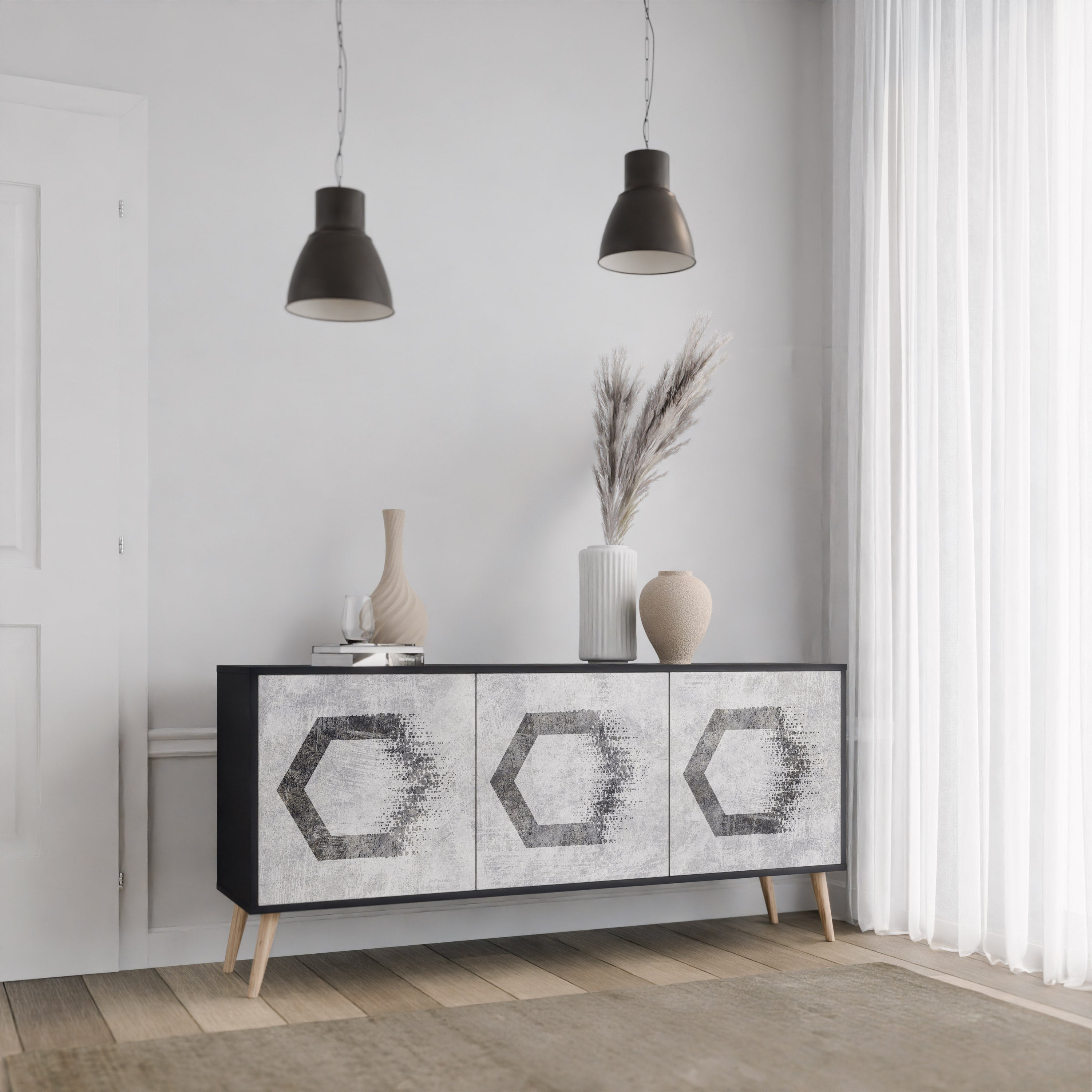 HEXAGONAL FIGURES 3-türiges Sideboard in schwarzem Finish