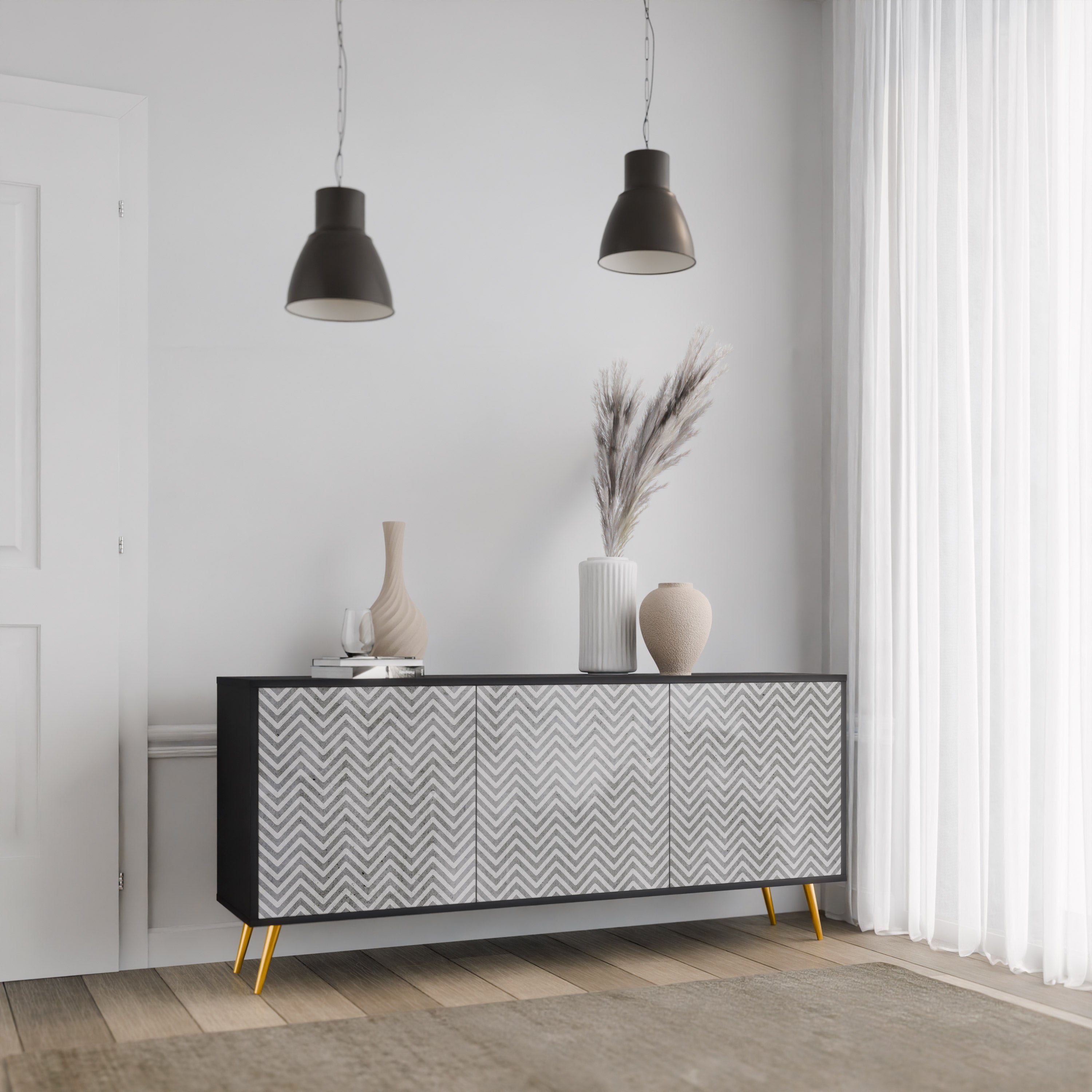CONCRETE ZIG ZAG Sideboard mit 3 Türen in Schwarz