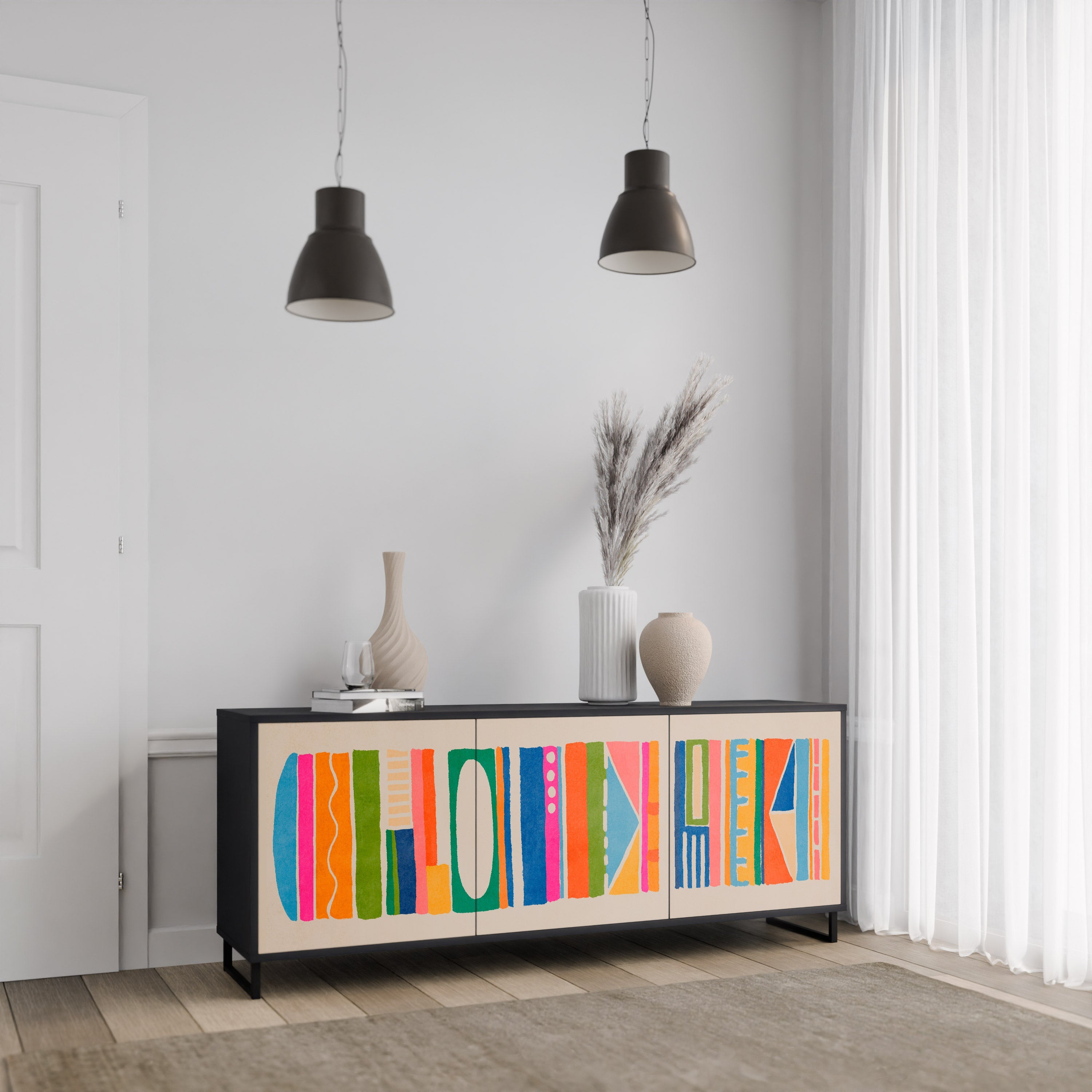 GEOMETRIC SHINE 3-türiges Sideboard in Schwarz