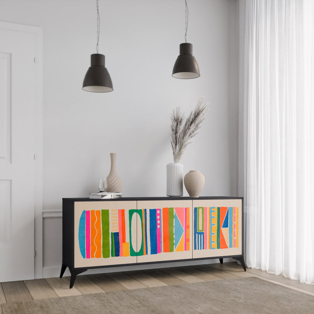 GEOMETRIC SHINE 3-türiges Sideboard in Schwarz
