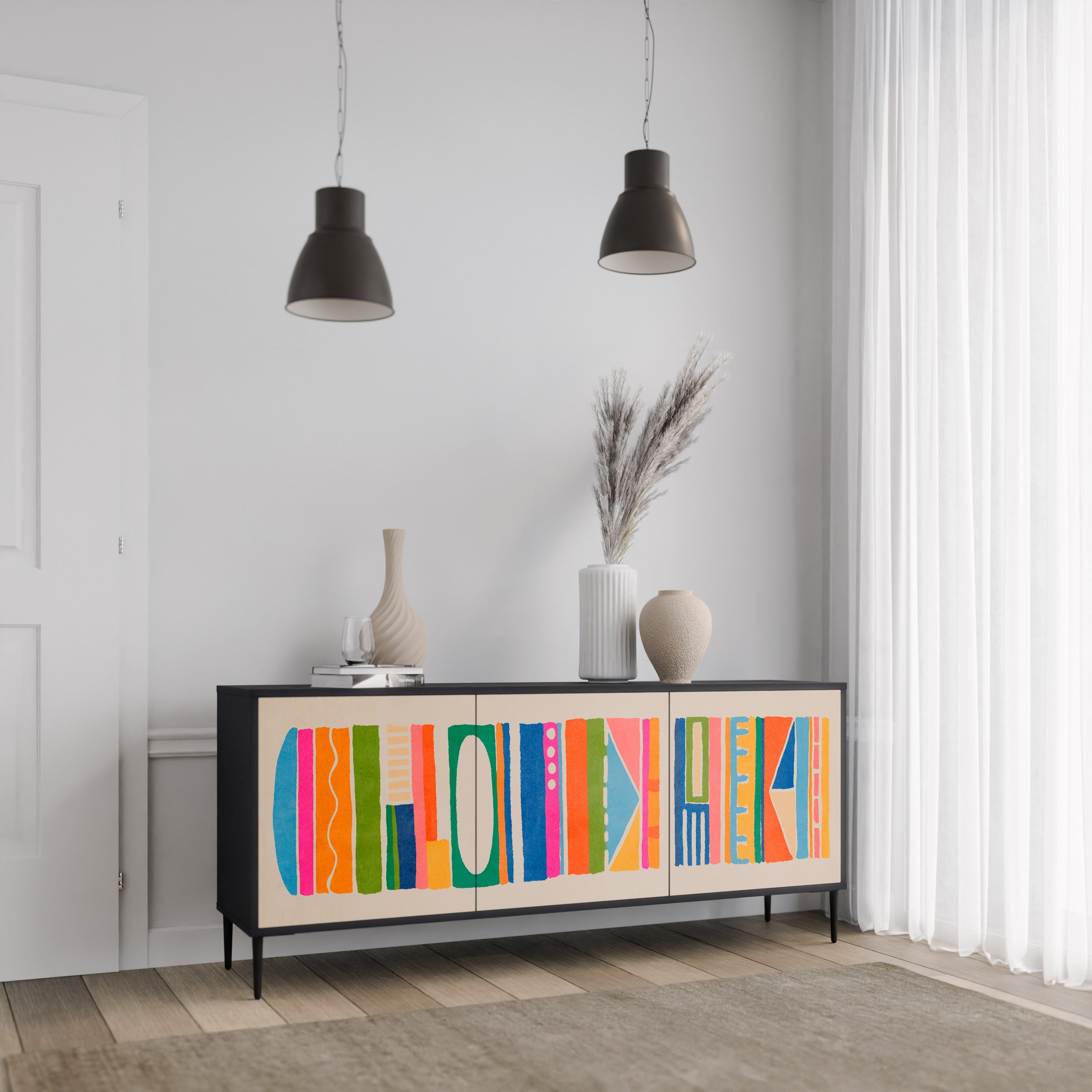 GEOMETRIC SHINE 3-türiges Sideboard in Schwarz
