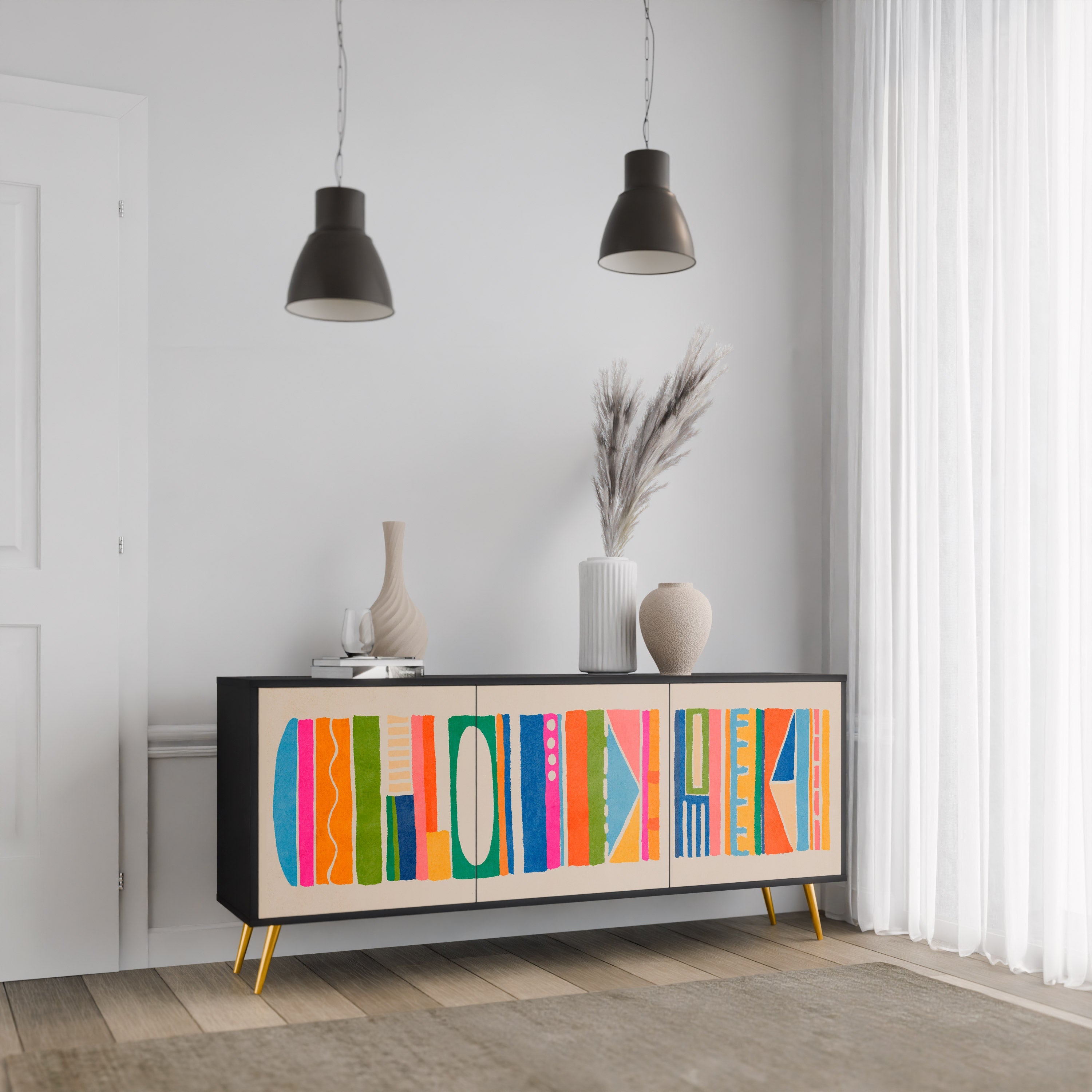 GEOMETRIC SHINE 3-türiges Sideboard in Schwarz