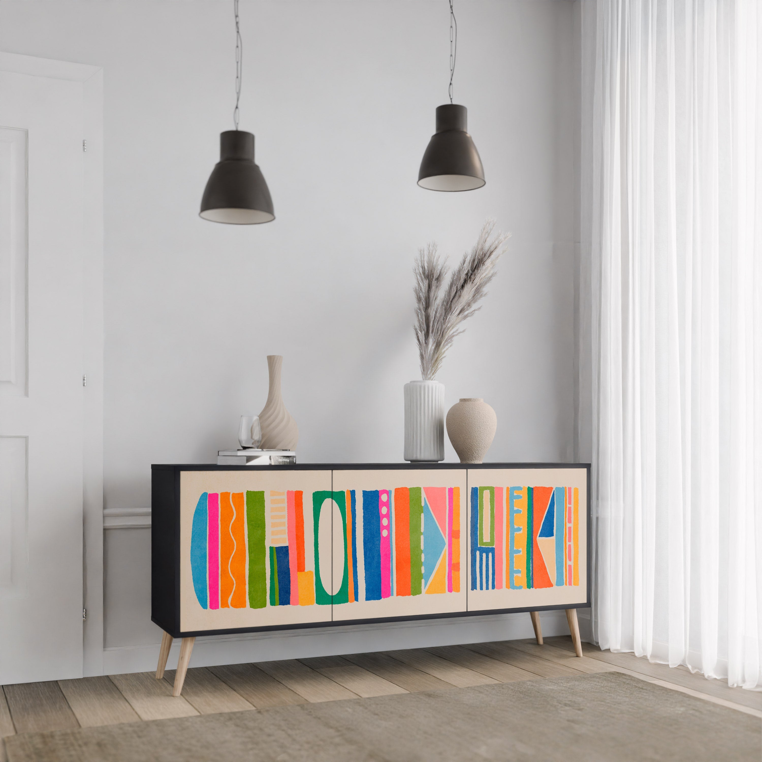 GEOMETRIC SHINE 3-türiges Sideboard in Schwarz