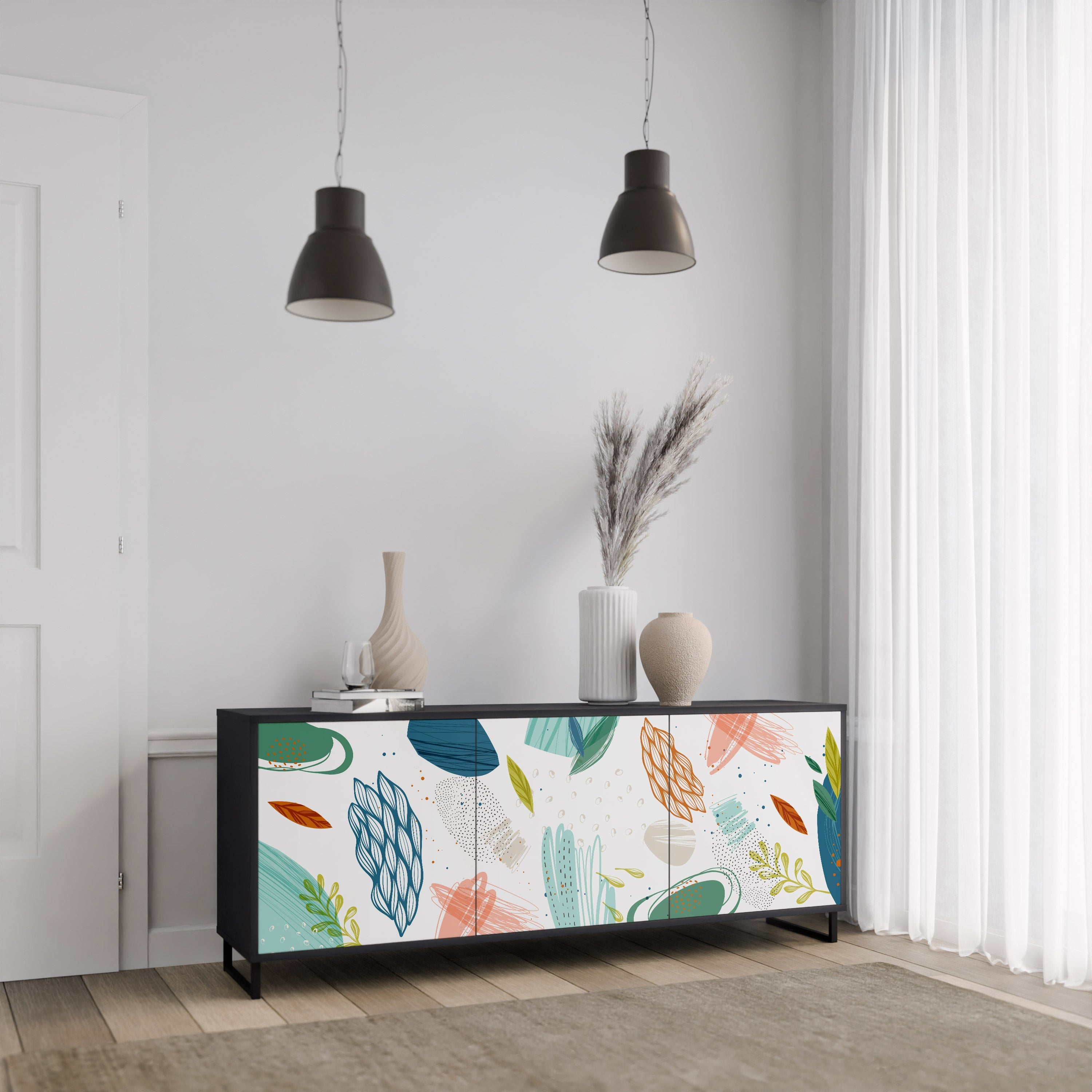 BOTANICAL HURRICANE 3-türiges Sideboard in Schwarz