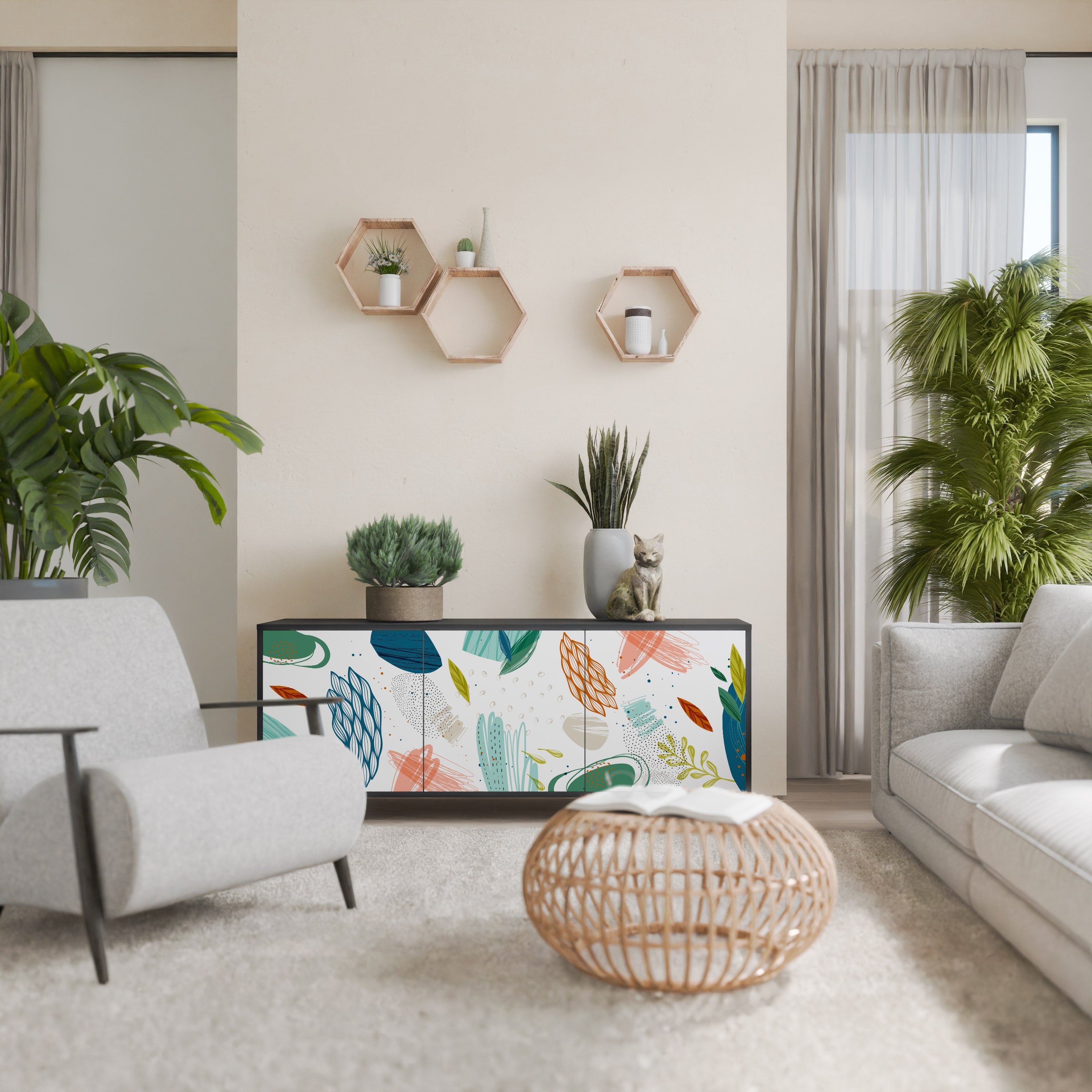 BOTANICAL HURRICANE 3-türiges Sideboard in Schwarz