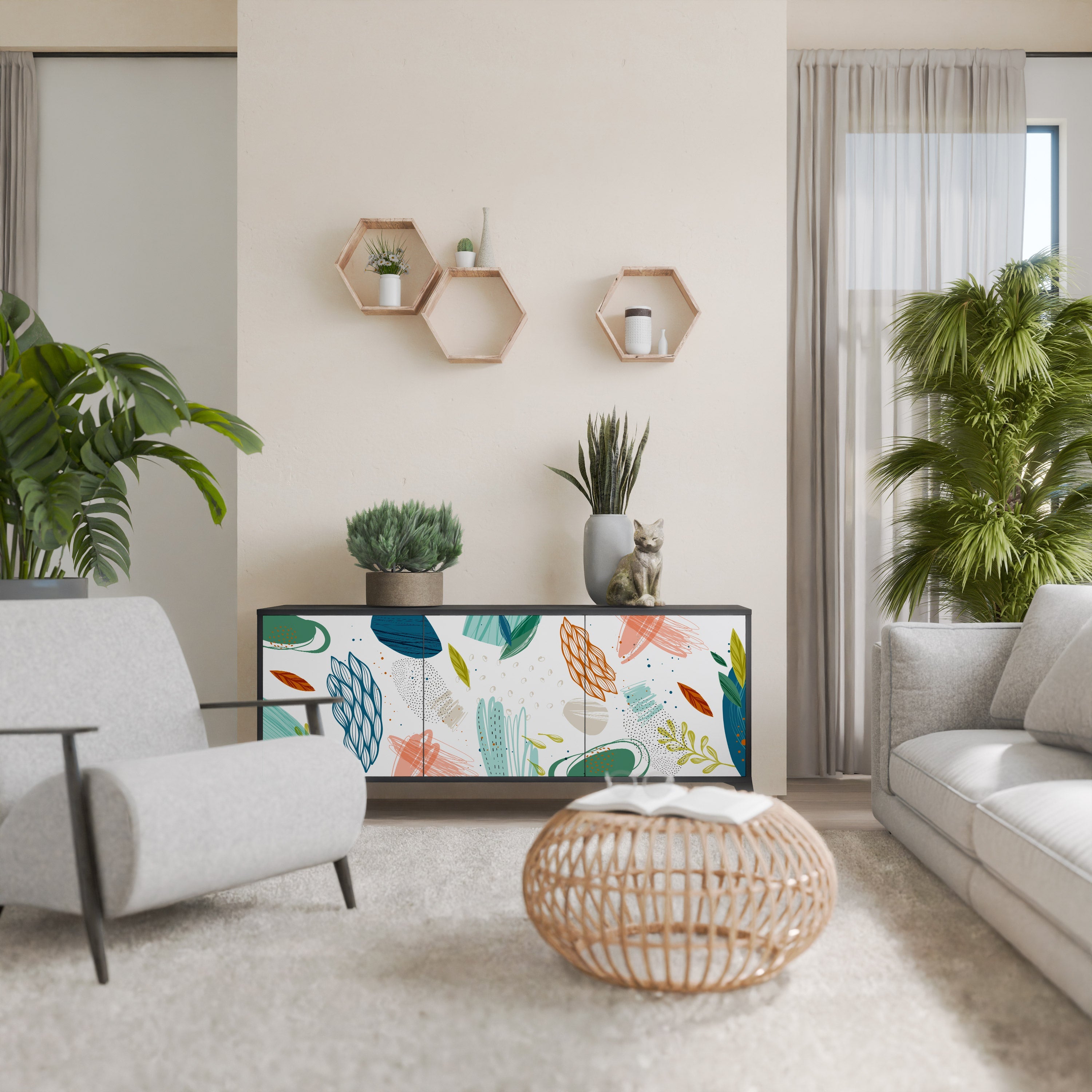 BOTANICAL HURRICANE 3-türiges Sideboard in Schwarz