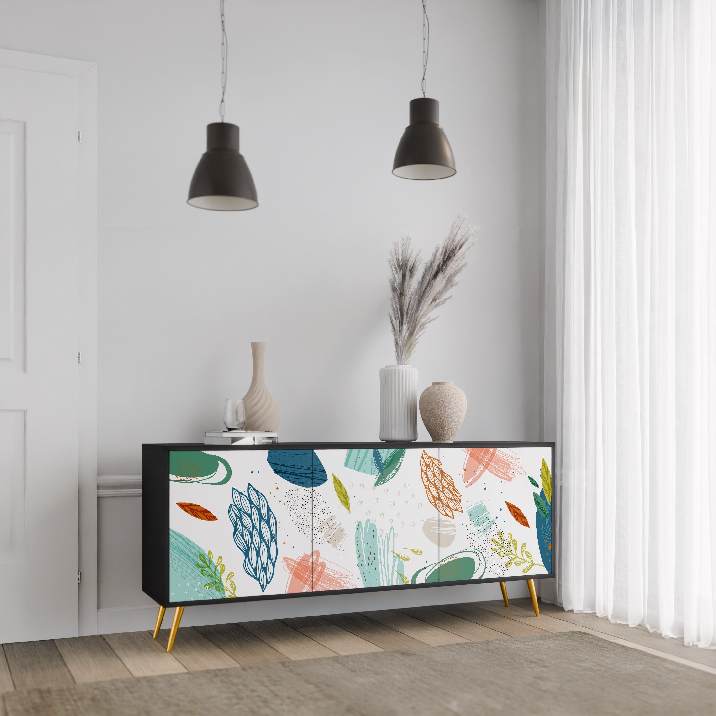 BOTANICAL HURRICANE 3-türiges Sideboard in Schwarz