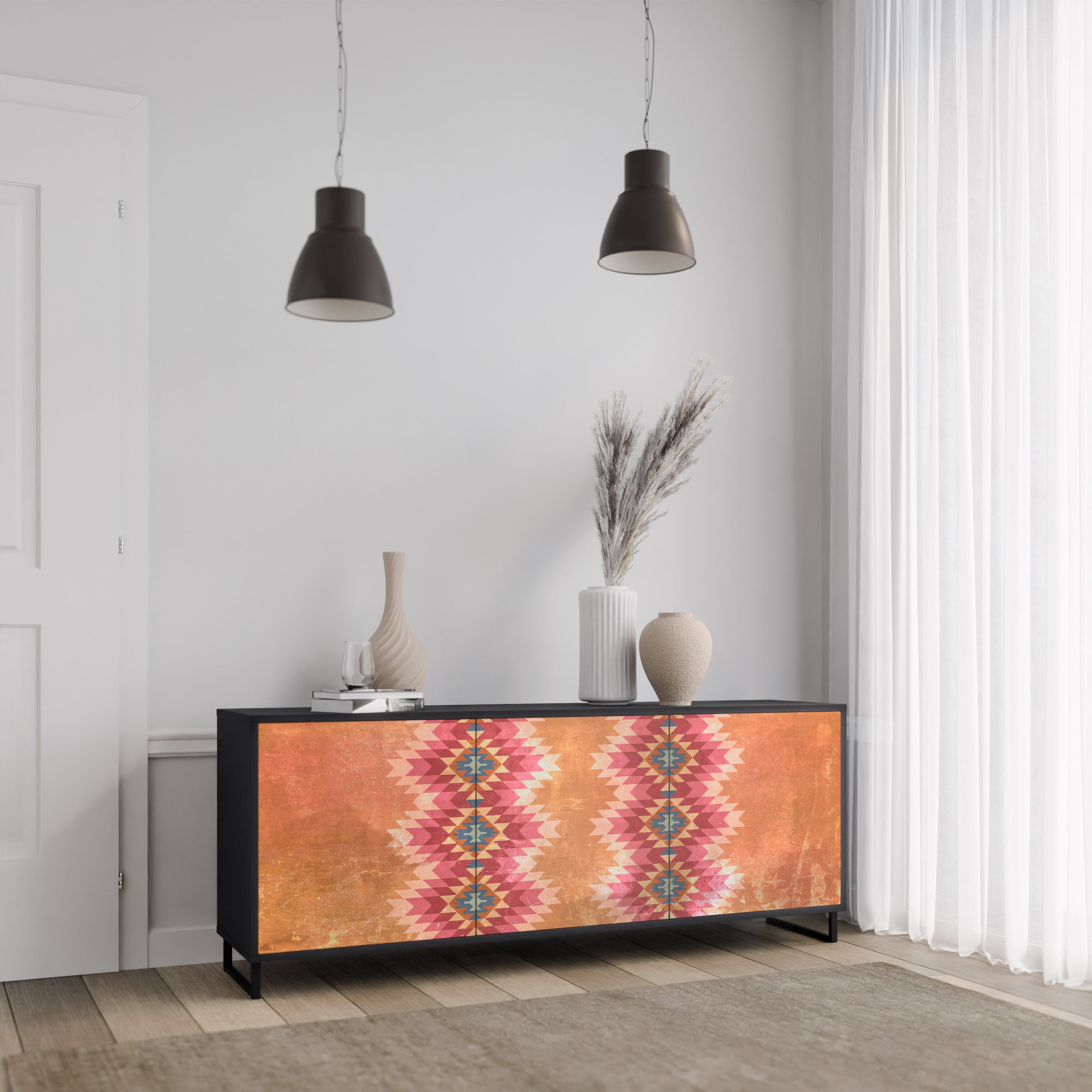 INDIAN FOLK 3-türiges Sideboard in Schwarz