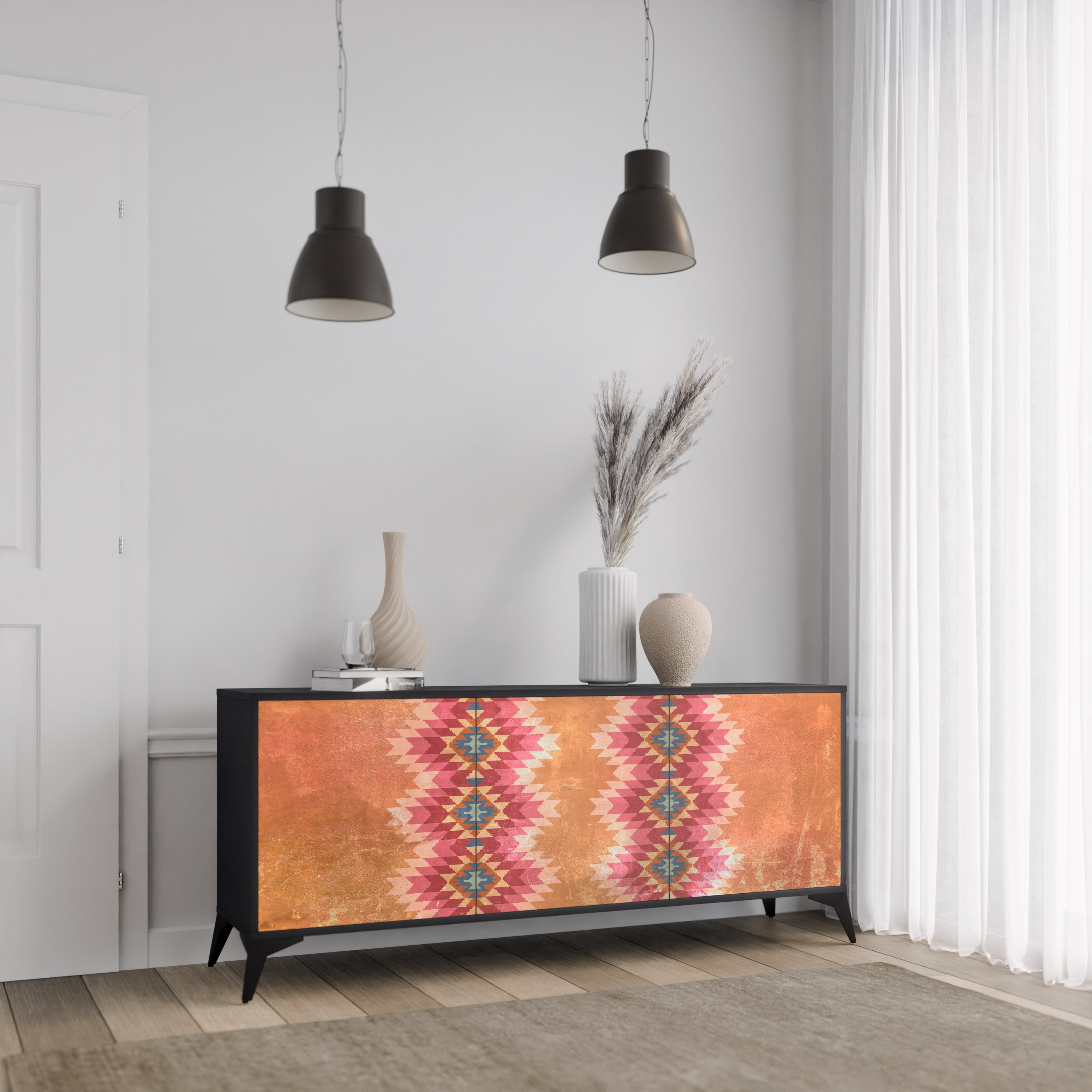 INDIAN FOLK 3-türiges Sideboard in Schwarz