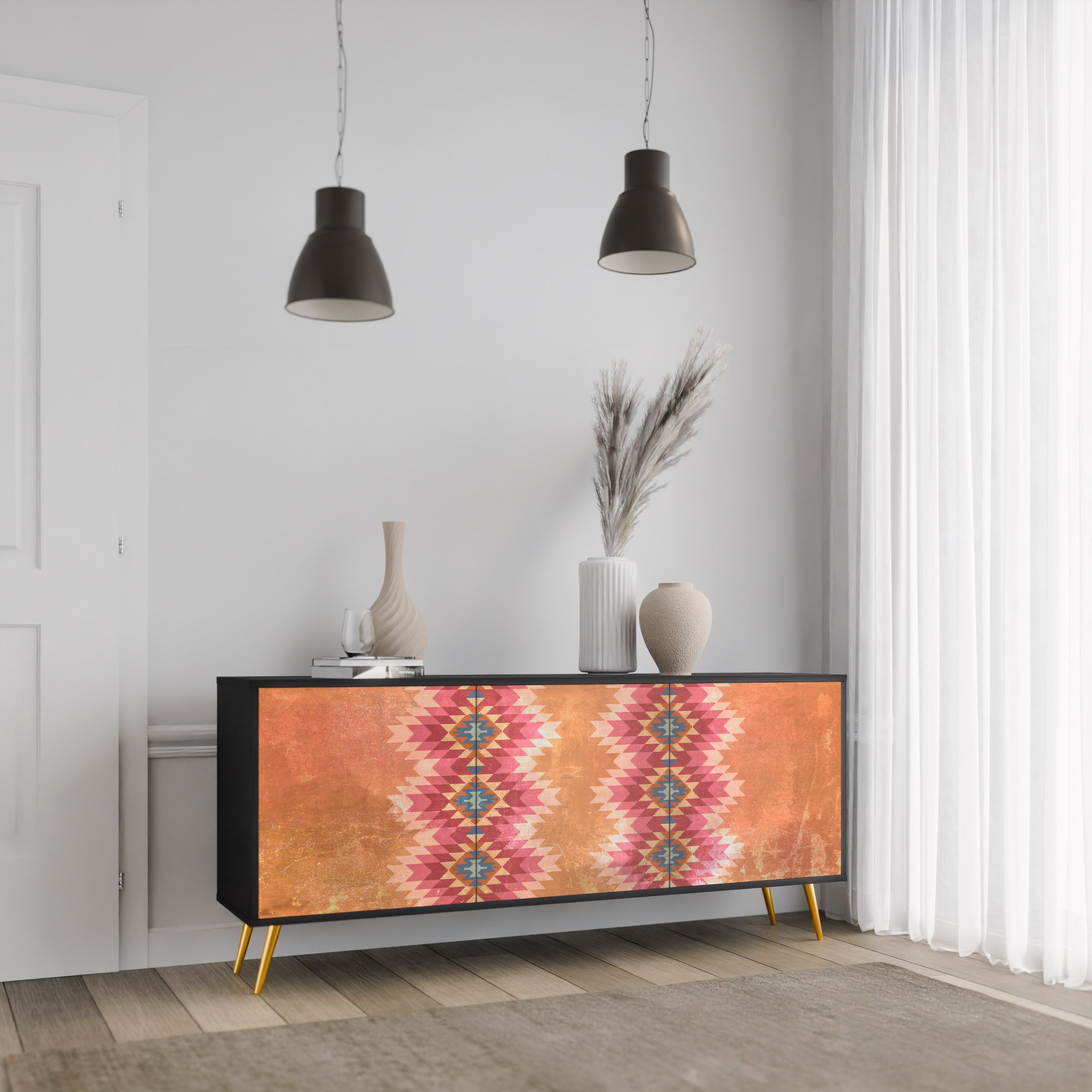 INDIAN FOLK 3-türiges Sideboard in Schwarz