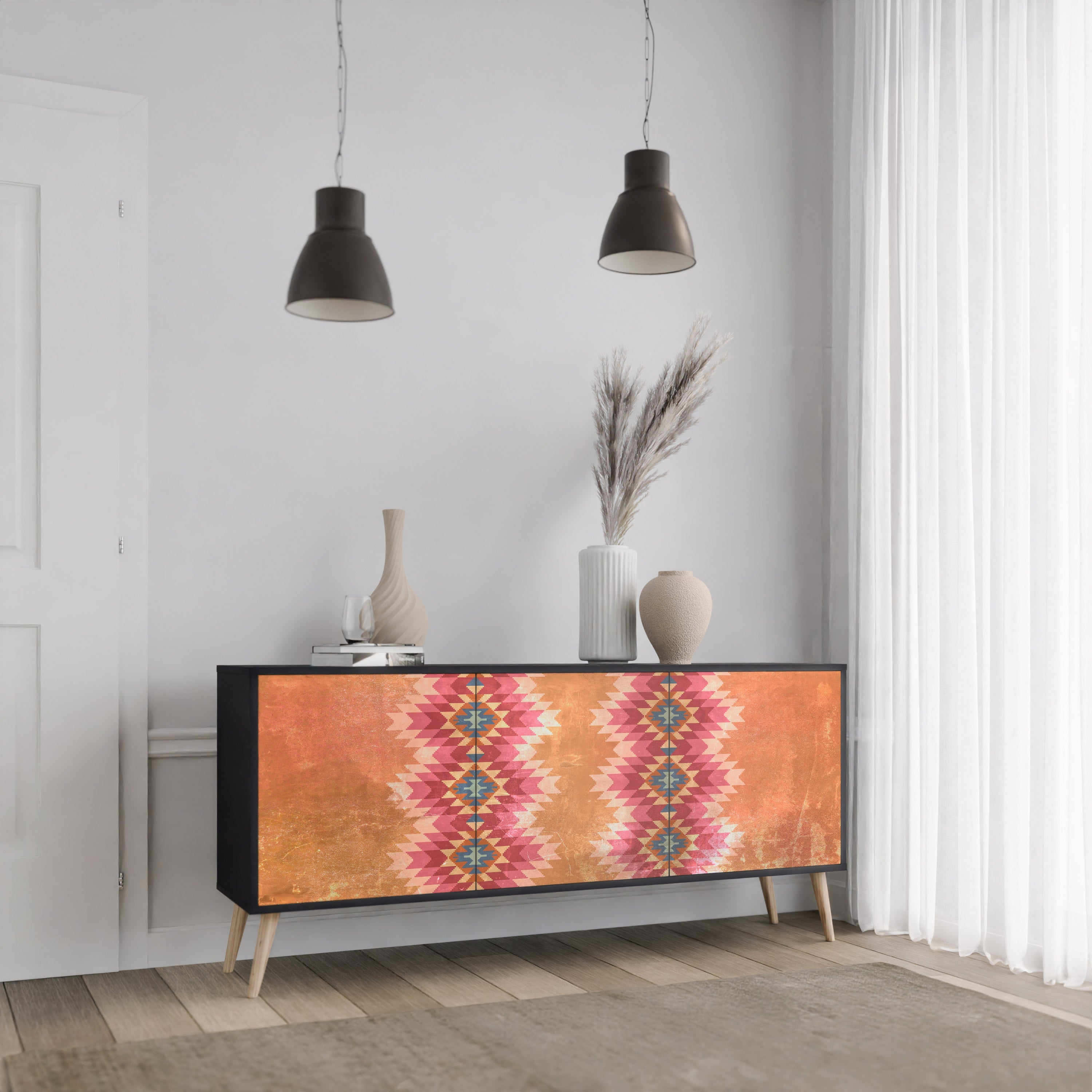 INDIAN FOLK 3-türiges Sideboard in Schwarz