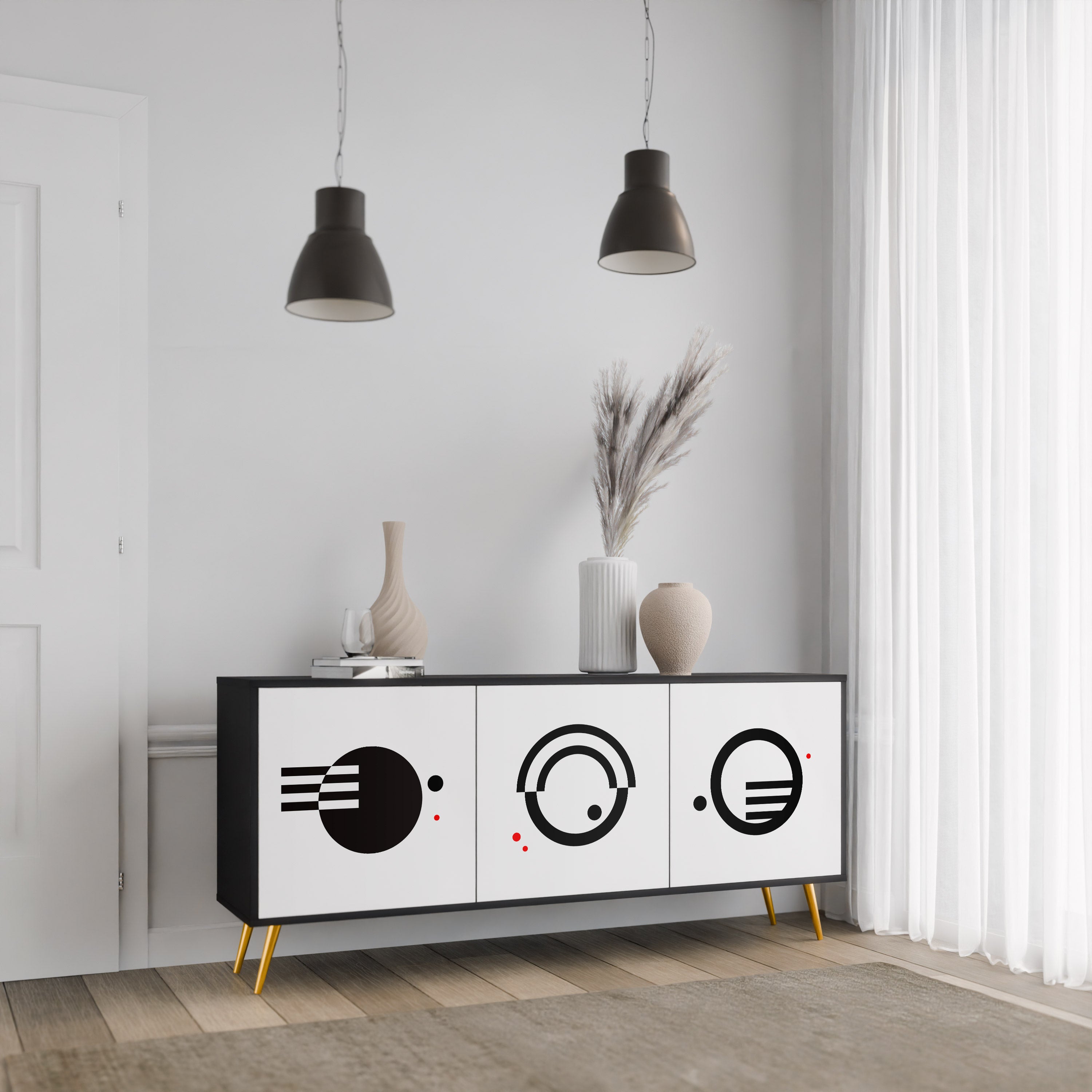 SCHWARZ-WEISS-KOMBINATION 3-türiges Sideboard in schwarzem Finish