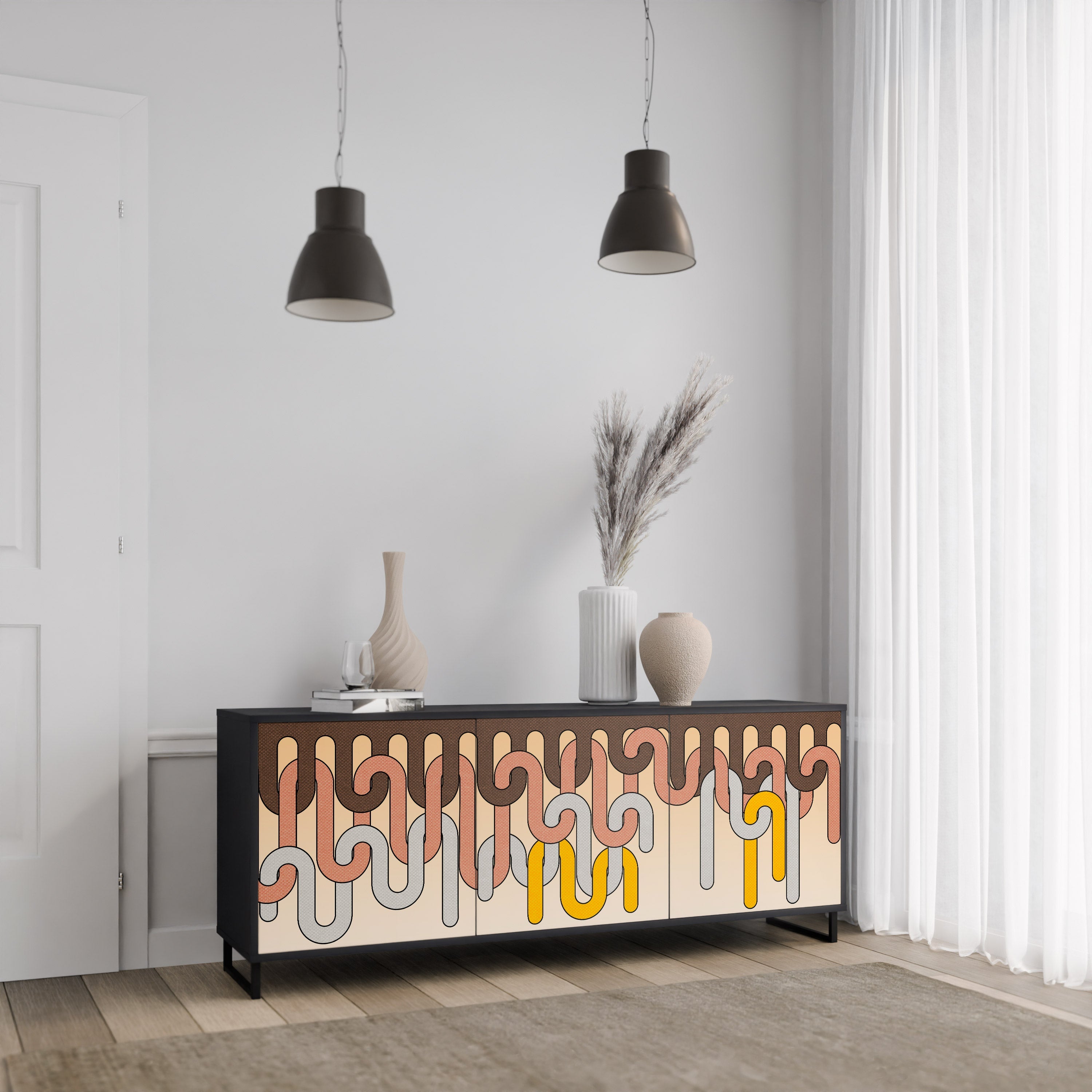 COLORFUL STRINGS 3-türiges Sideboard in Schwarz