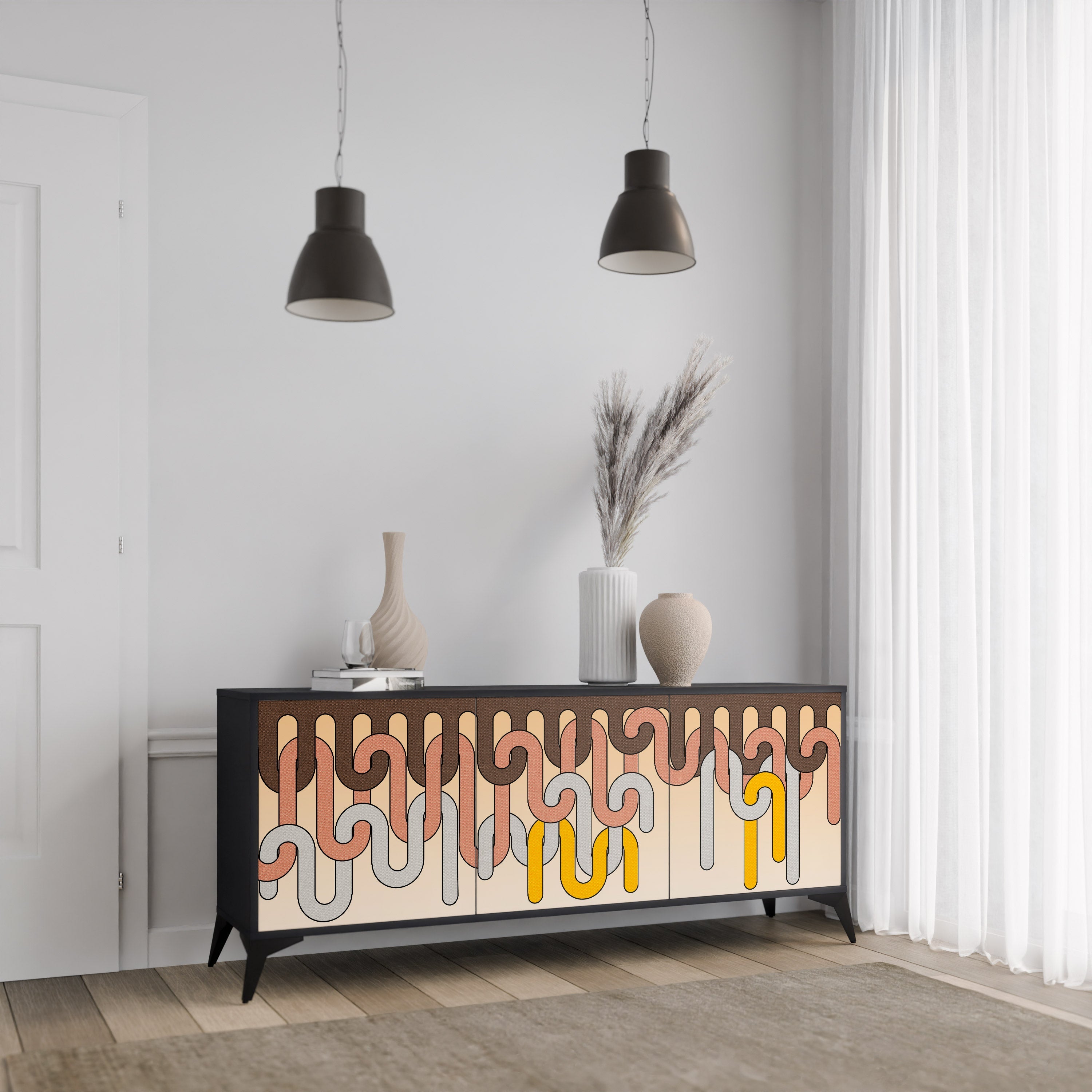 COLORFUL STRINGS 3-türiges Sideboard in Schwarz