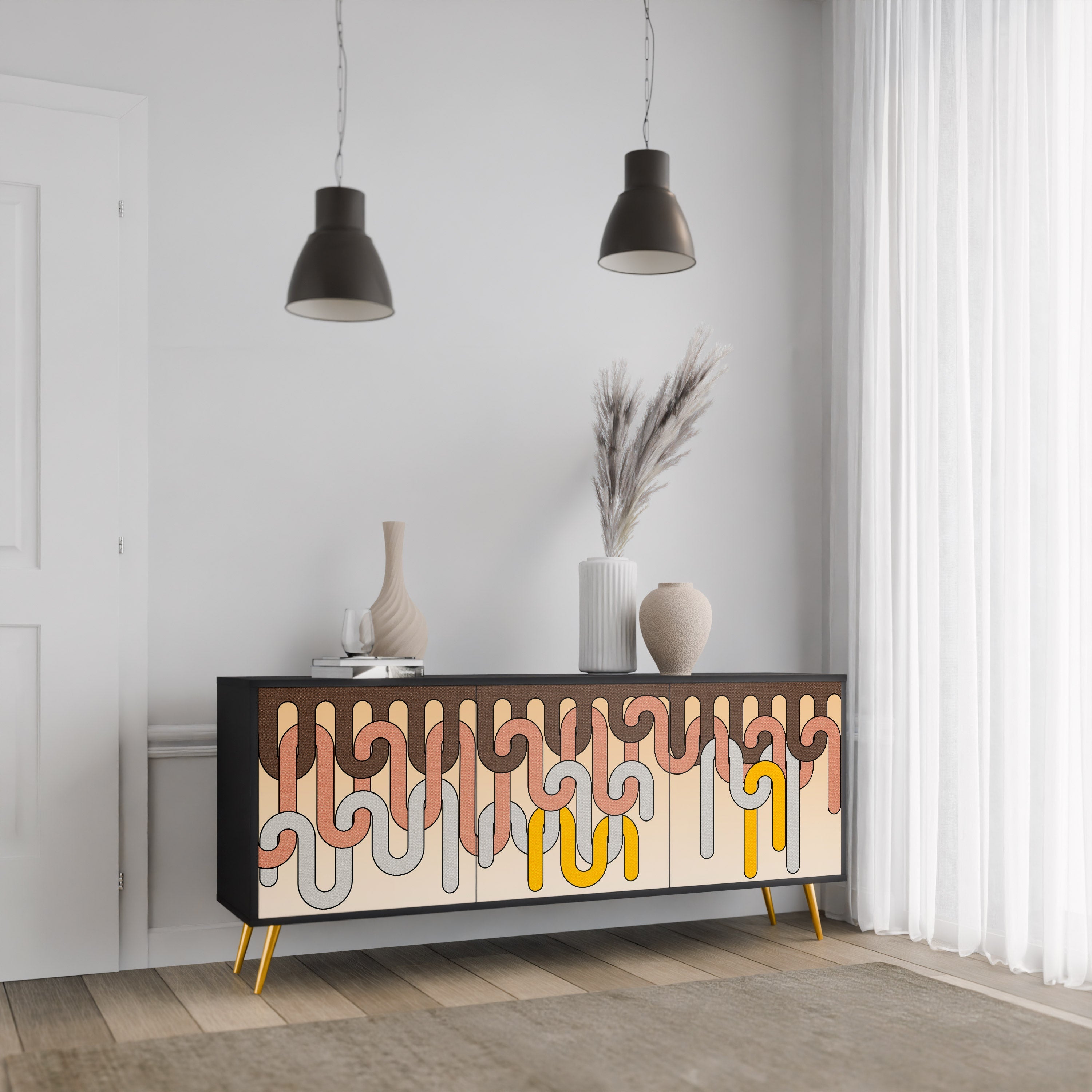 COLORFUL STRINGS 3-türiges Sideboard in Schwarz