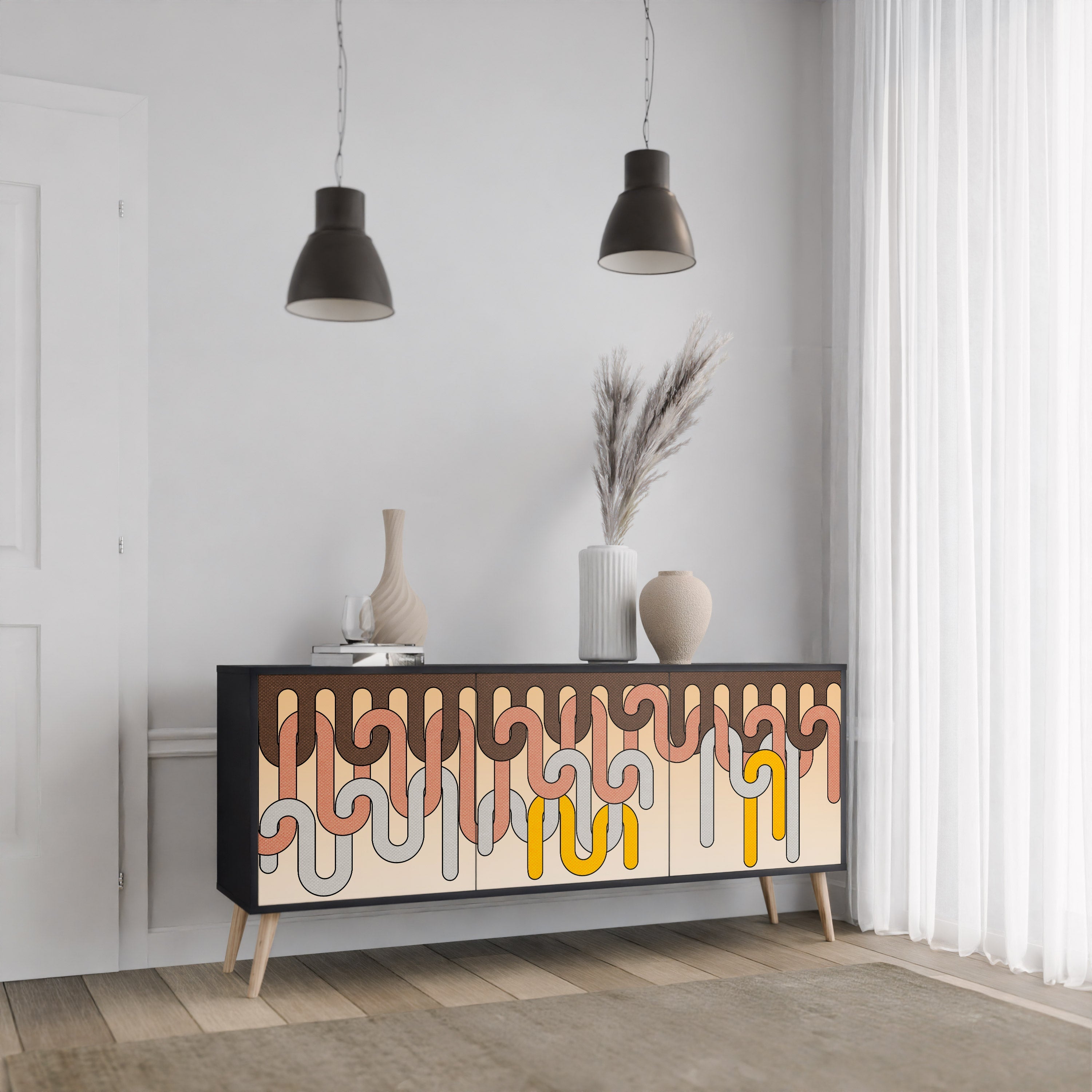 COLORFUL STRINGS 3-türiges Sideboard in Schwarz
