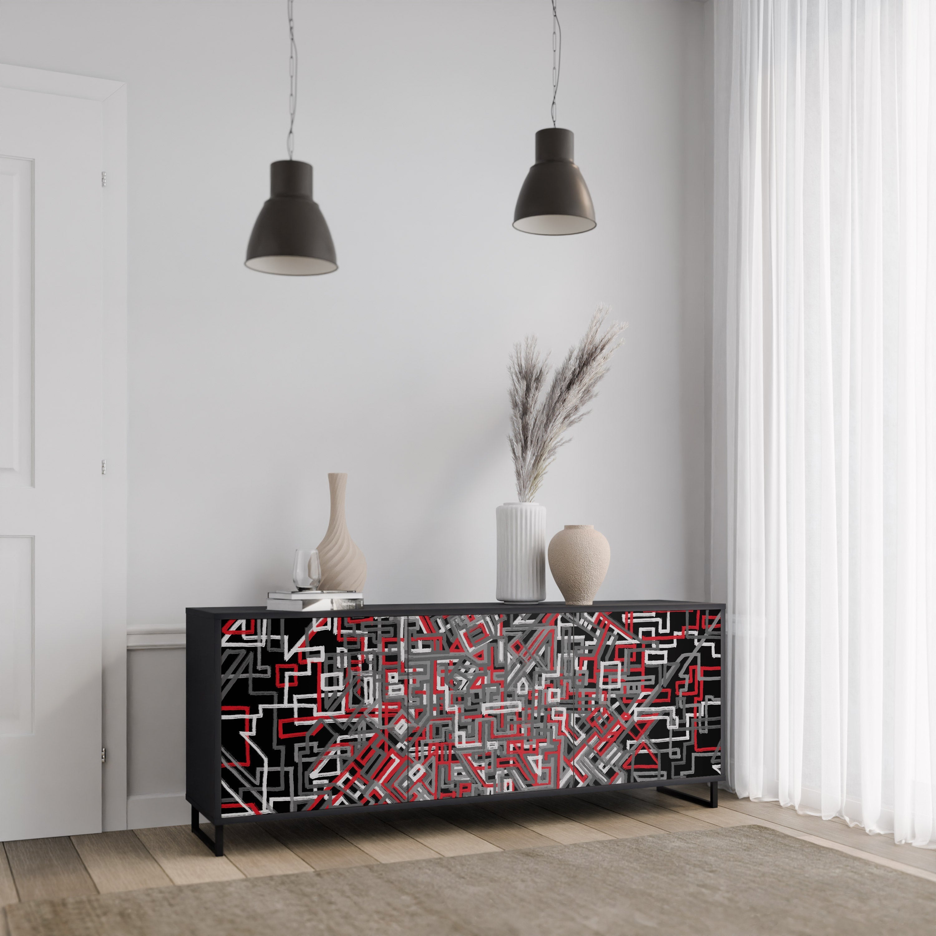 BROKEN LINES 3-türiges Sideboard in Schwarz