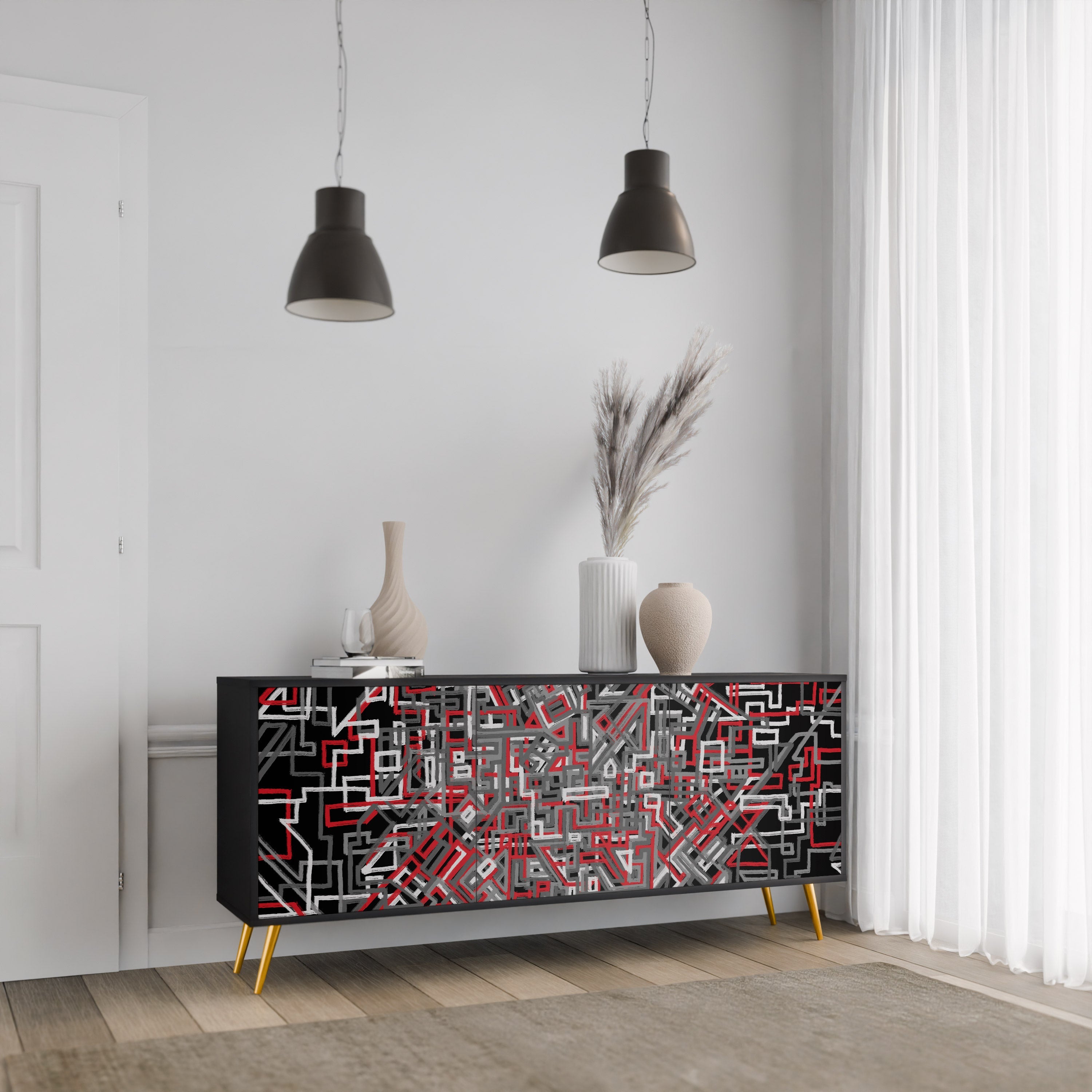 BROKEN LINES 3-türiges Sideboard in Schwarz