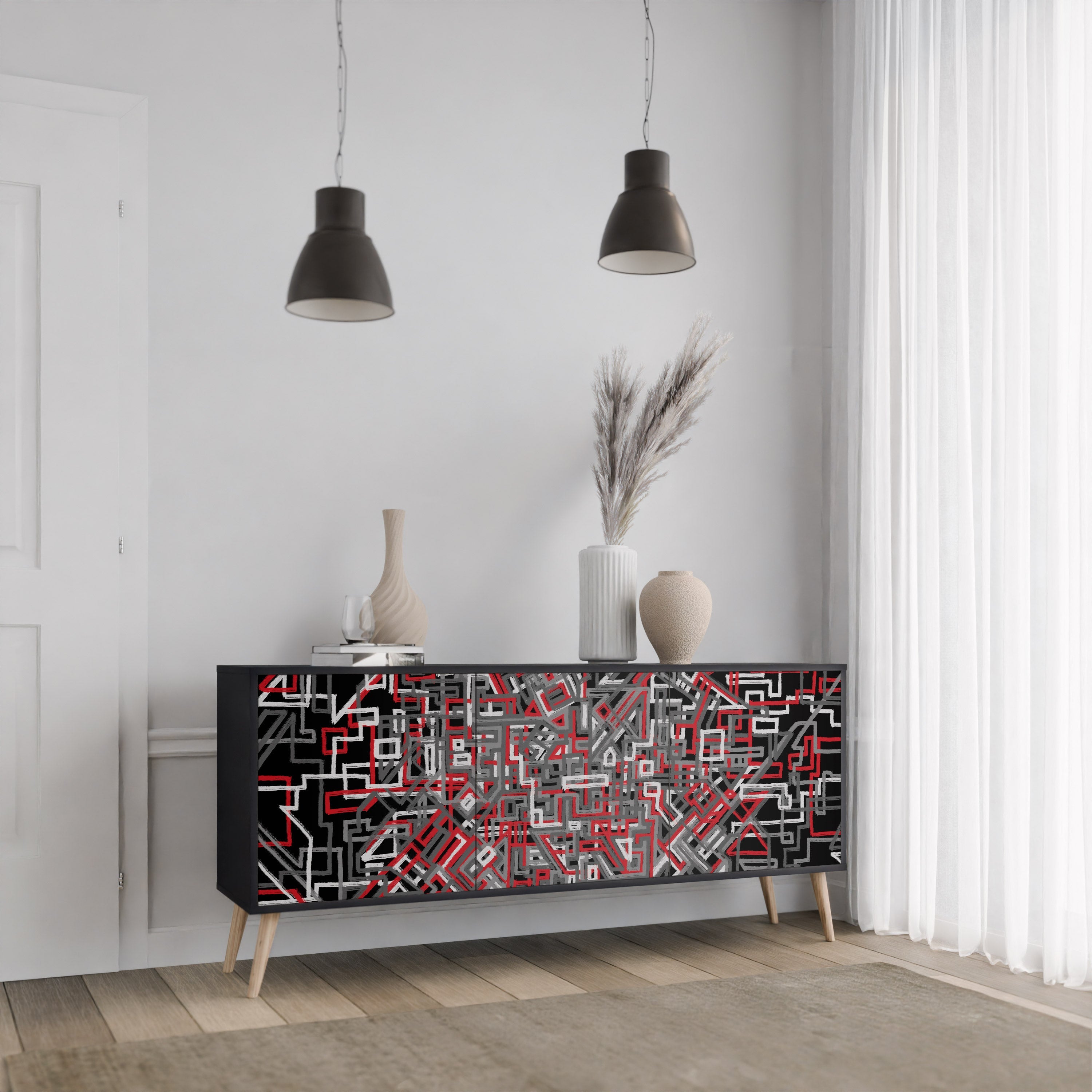 BROKEN LINES 3-türiges Sideboard in Schwarz