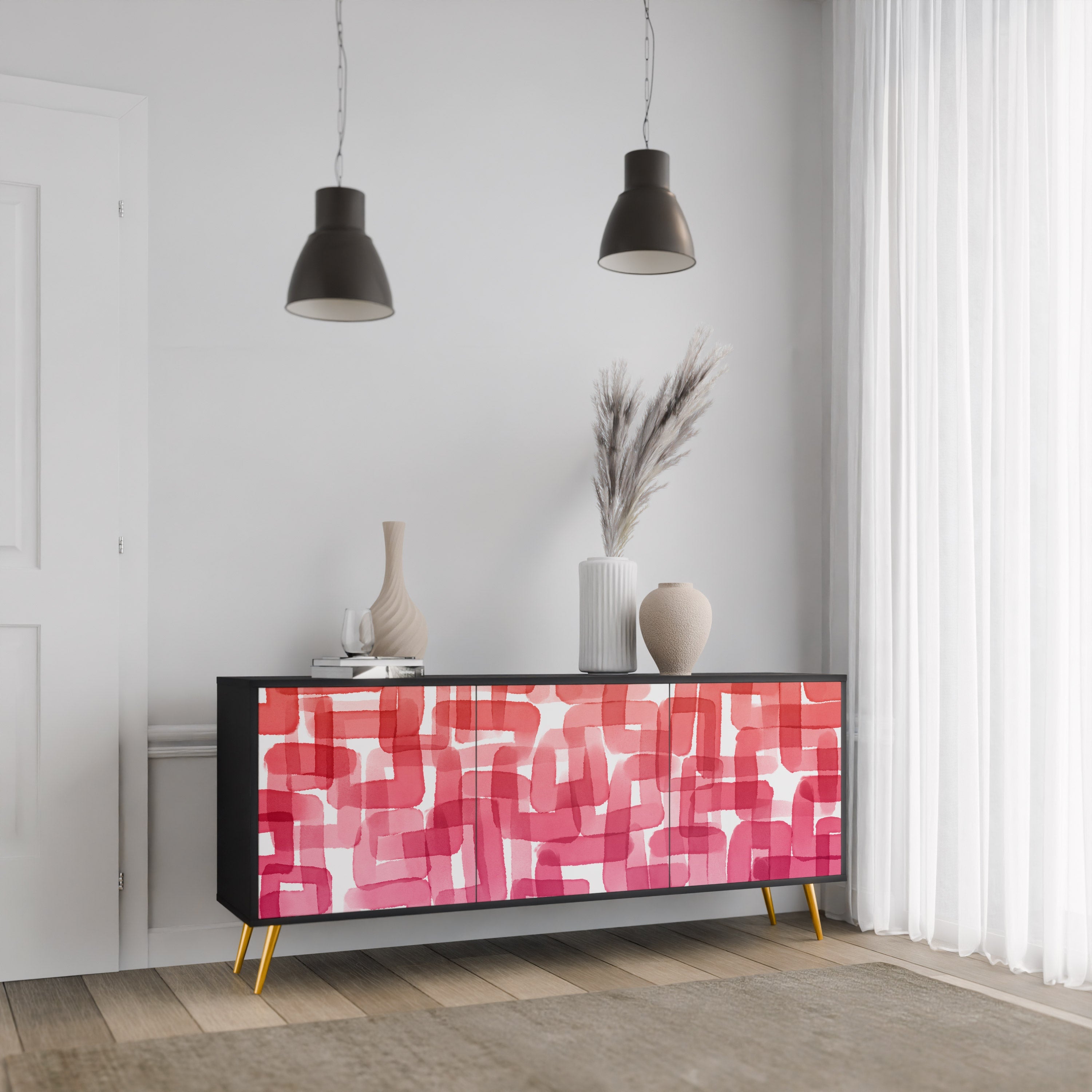 KALEIDOSKOPISCHES KUBISMUS-Sideboard mit 3 Türen in Schwarz