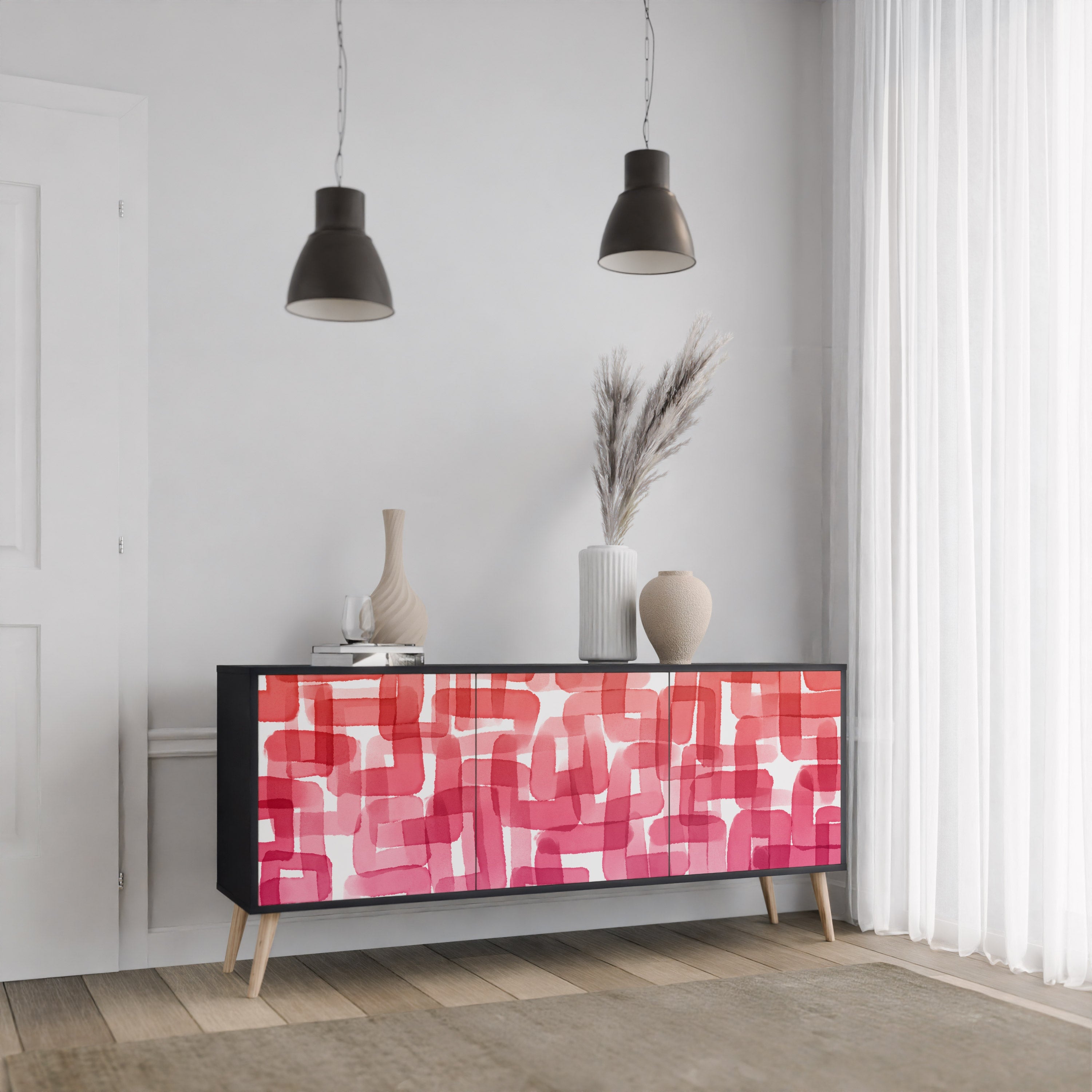KALEIDOSKOPISCHES KUBISMUS-Sideboard mit 3 Türen in Schwarz