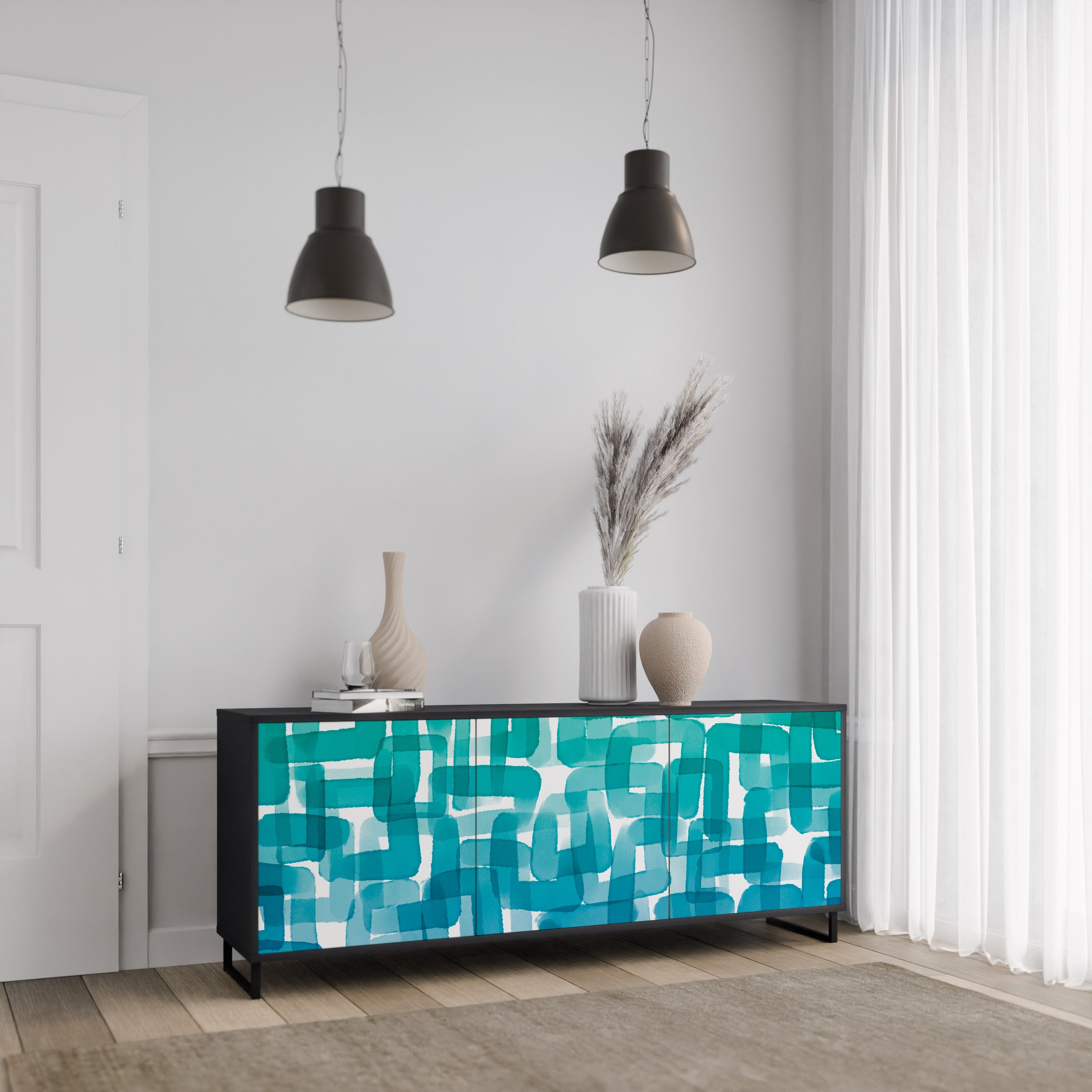 TURQUOISE RECTANGLES Sideboard mit 3 Türen in Schwarz